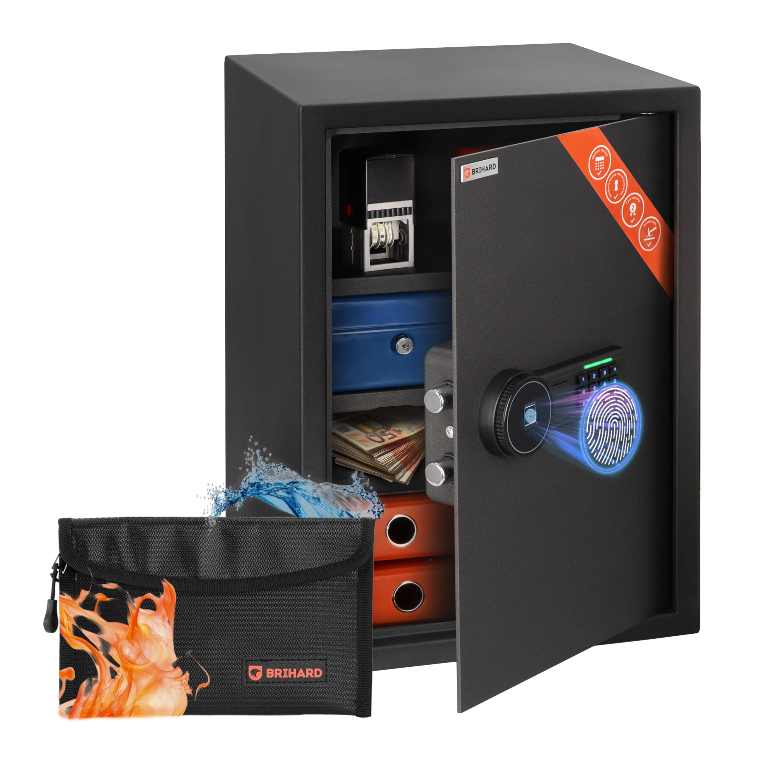 Brihard Business XL Biometric Safe 50x35x36cm with Fireproof Money Bag, Fingerprint Safe Box 60L with 2 Adjustable Shelves, Digital Cabinet Secure Storage for Documents A4, Money