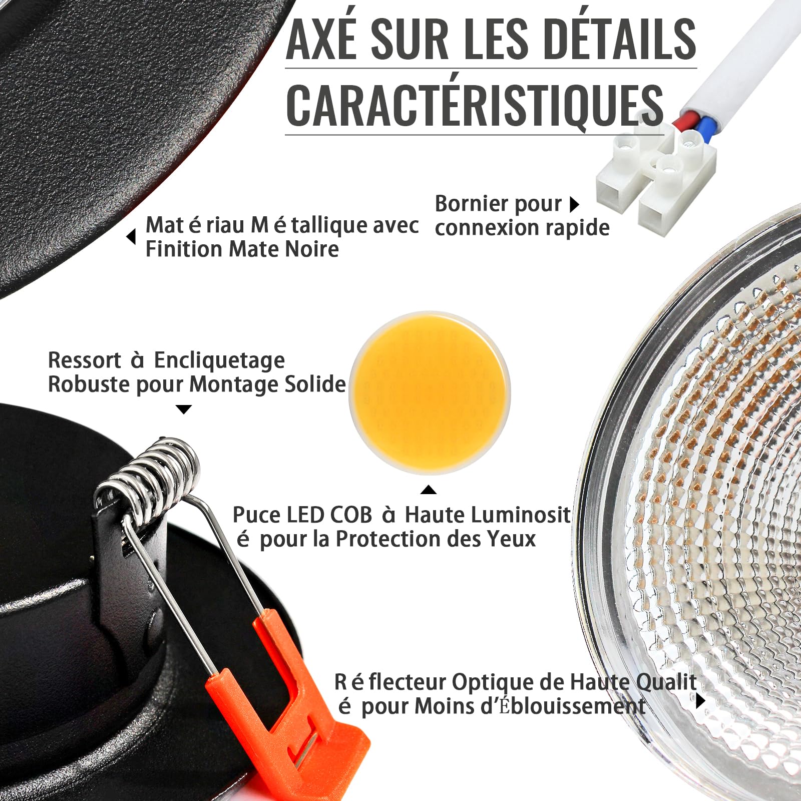 7W Spot LED Encastrable Noir Dimmable Extra Plat,5000K Blanc Froid COB,Spot de Plafond 220V 600LM,Trou 68mm Pour Cuisine Salon,Lot de 6