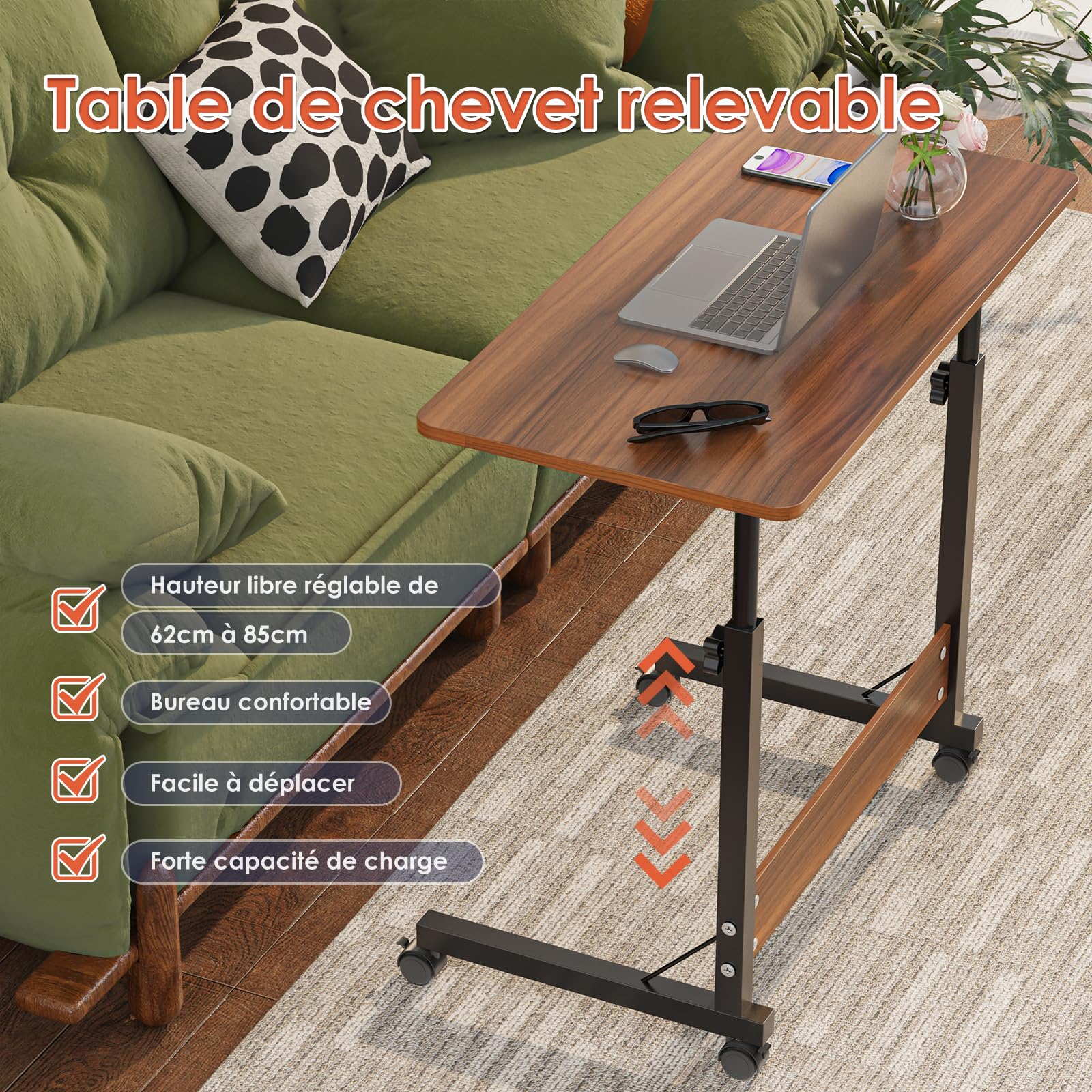 Table D'Ordinateur Portable Réglable En Hauteur 61-96 Cm – Bureau De Lit Avec Roulettes Silencieuses Et Angle Inclinable, Idéal Canapé/Chambre, Blanc