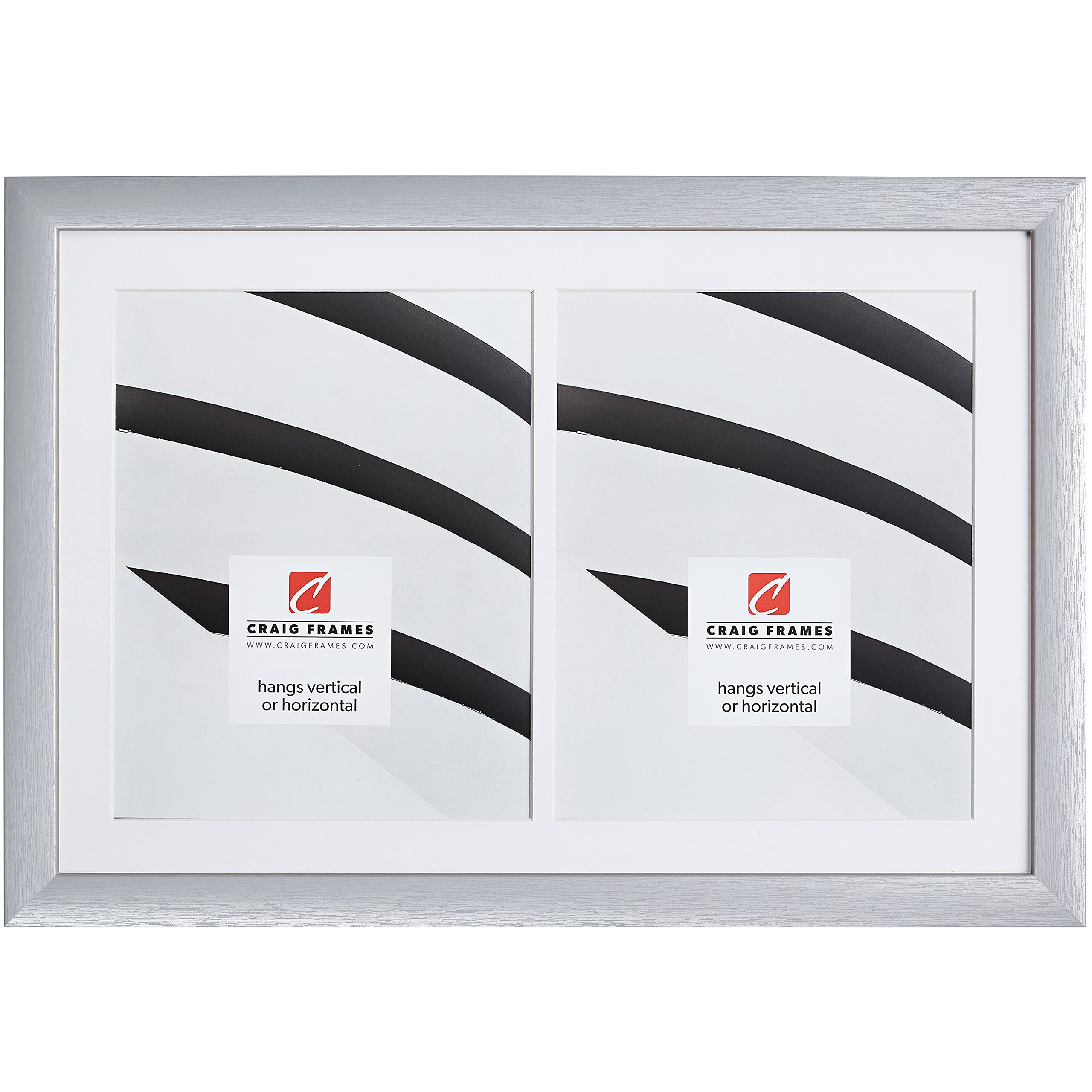 Craig Frames 12 x 18 Inch Brushed Silver Picture Frame, Single White Collage Mat with 2, 8 x10 Inch Openings