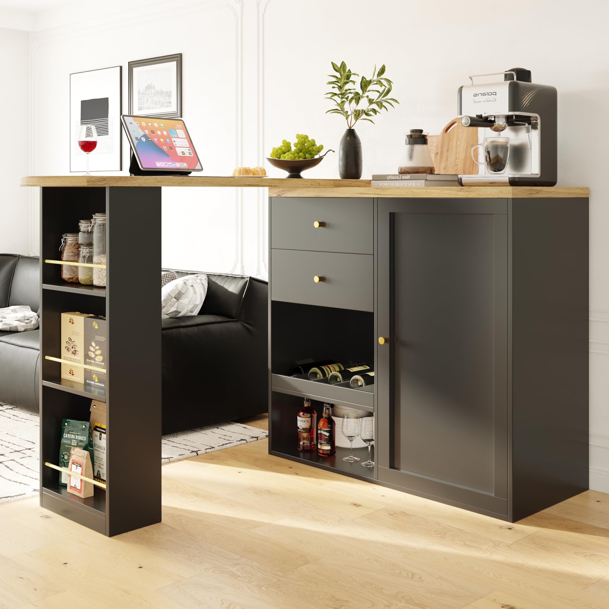 KUIKUI 360° Swivelling Kitchen Island Table, Kitchen Bar Table, Extendable Dining Table with 2 Drawers and Sliding Door Cabinet, Indoor Bar Unit with Open Storage Space, Black