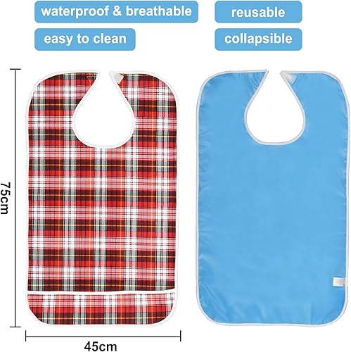 Miniatura 17 de Baberos para adultos, protector de ropa impermeable con atrapador de migas, baberos de comedor reutilizables para ancianos, hombres y mujeres Azul,