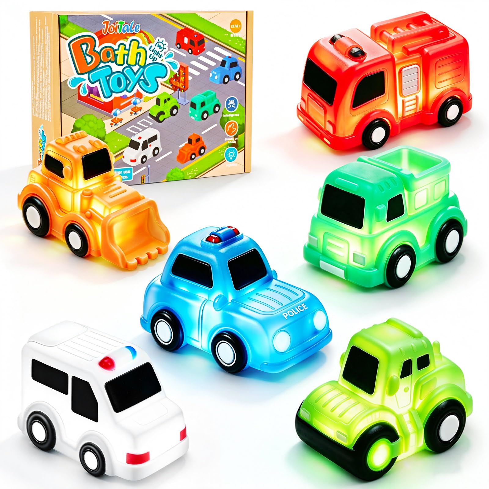Badewannenspielzeug mit LED-Licht, 6 Autos Badespielzeug Baby ab 1 2 3 Jahr | LED Badewannen Spielzeug, ohne Loch Bath Toys, BPA-Frei Wasserspielzeug Kinder, Baby Spielzeug, Jungen Mädchen Geschenk