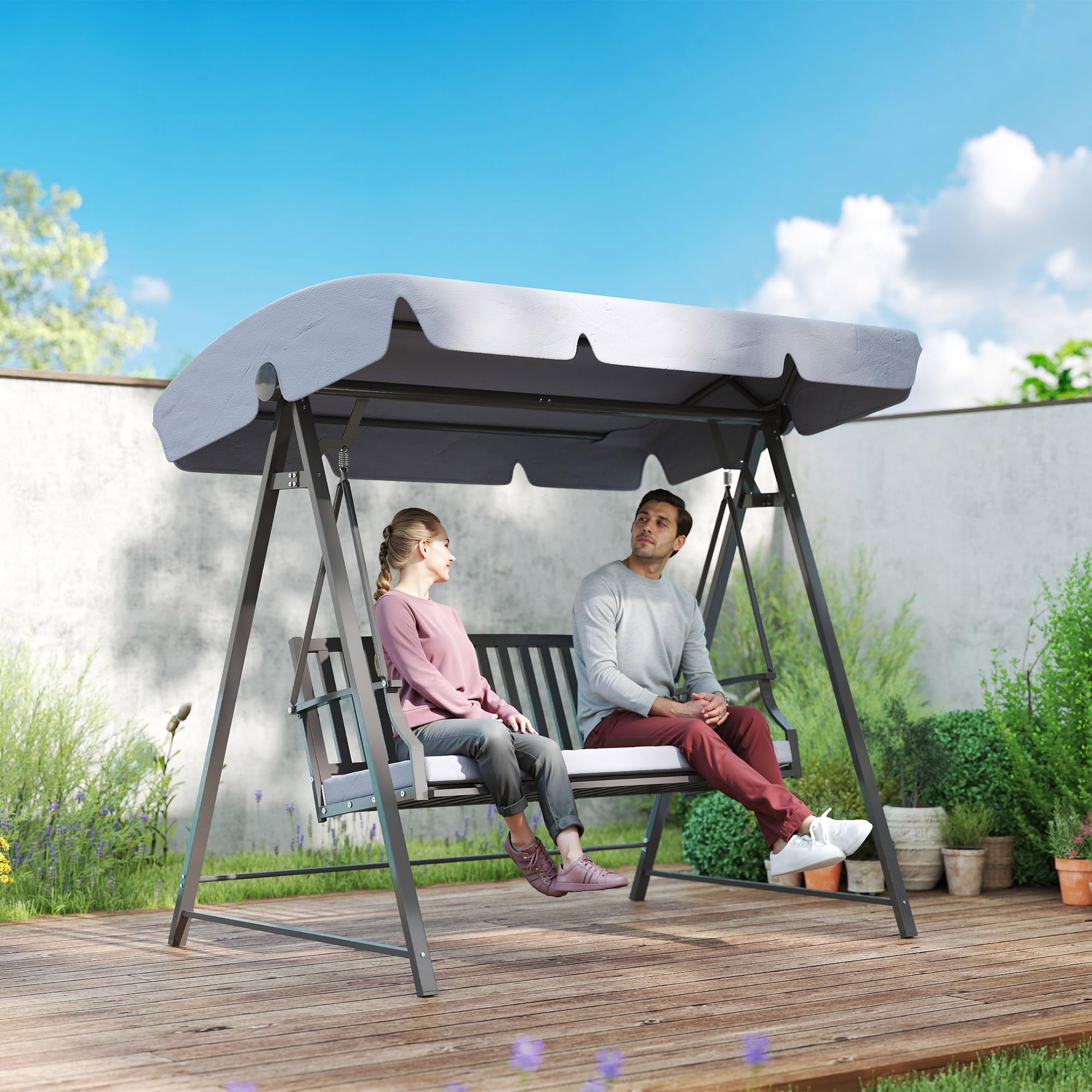 Outsunny Columpio de Jardín Exterior de 3 Plazas Balancín de Jardín Exterior con Toldo Ajustable Cojín y Estructura de Acero Carga 360 kg 205x133x181 cm Gris