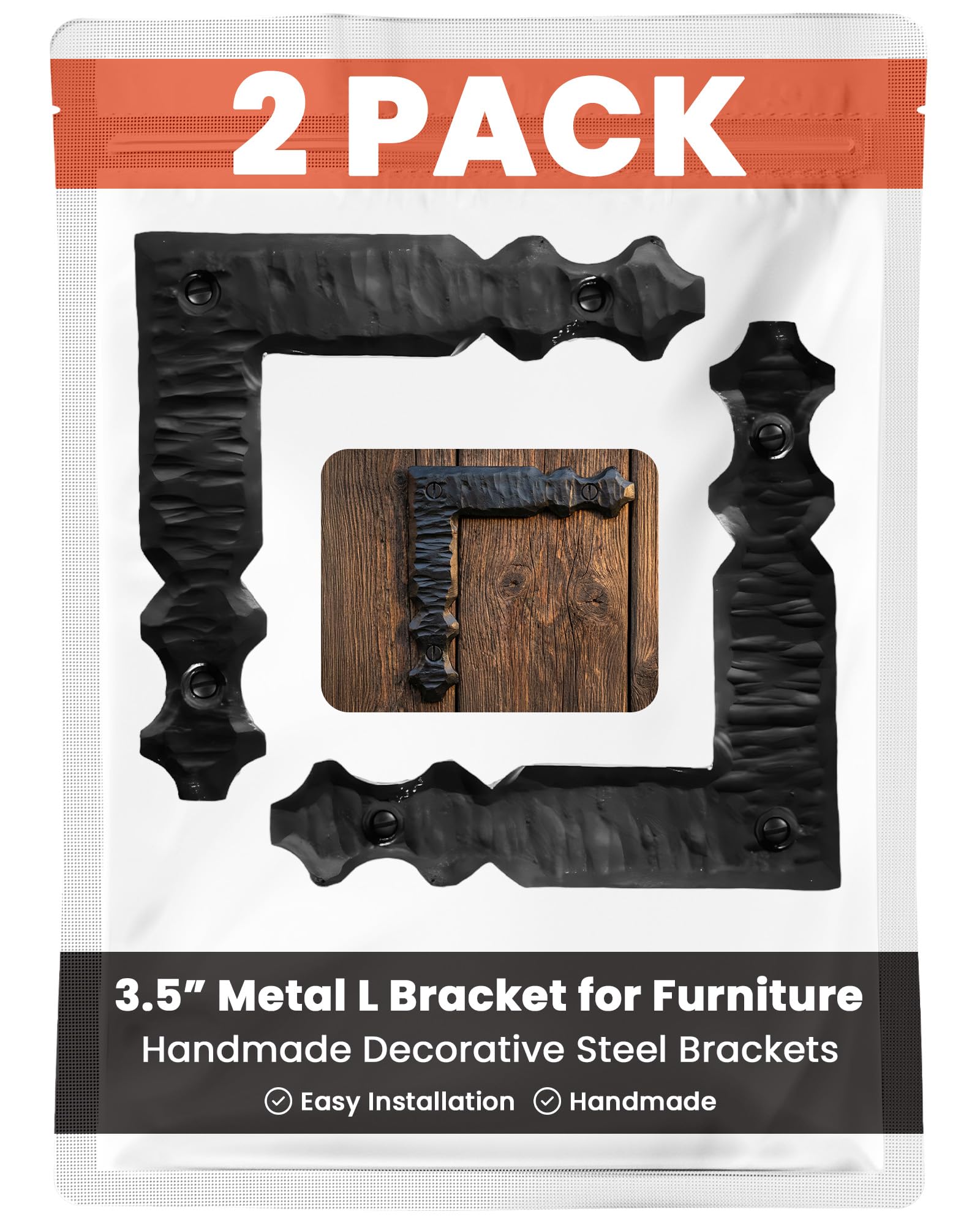 4 Pack 3.5" Metal L Bracket for Furniture - Black - Handmade Decorative Steel Brackets - Rustic Metal Corner Brackets for Front Doors, Gates, Garages,