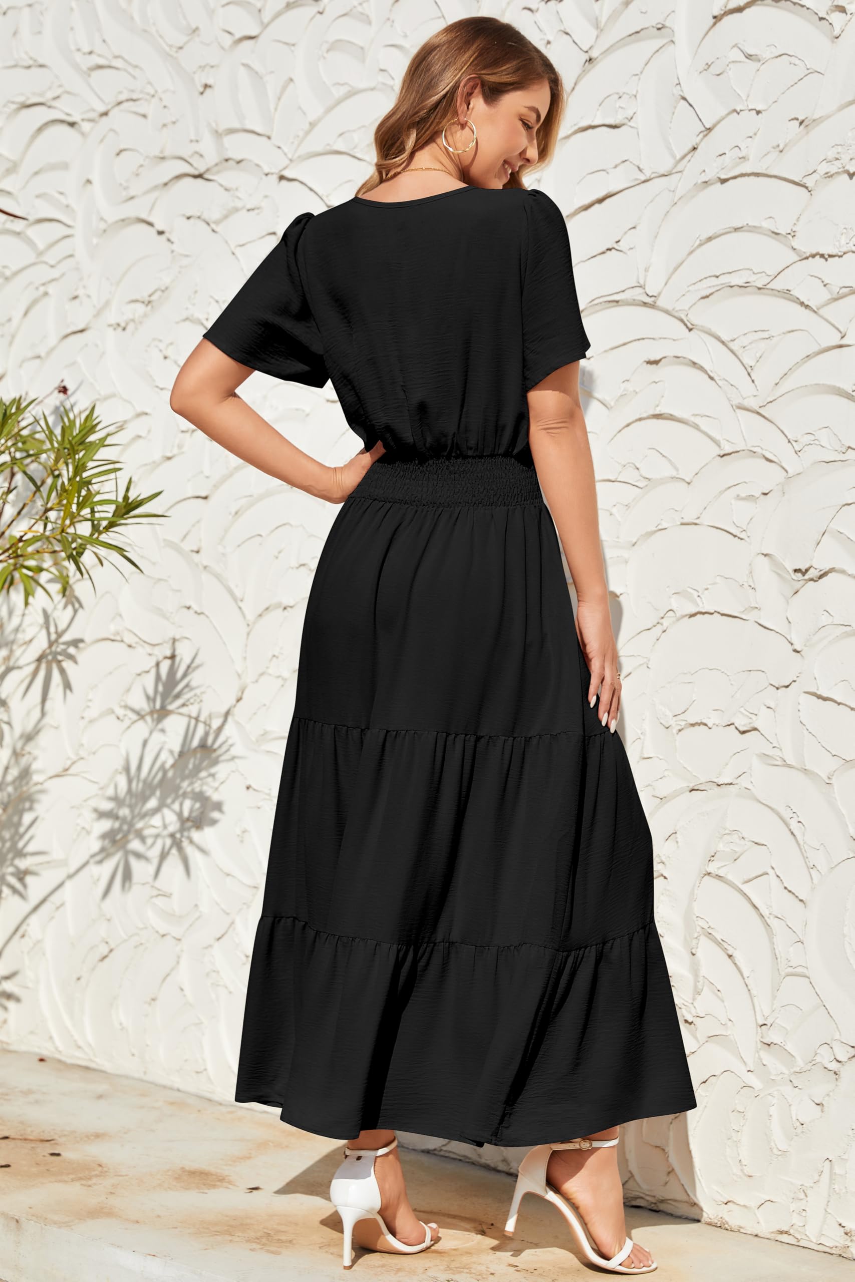 Robe midi maxi pour femme - Manches courtes - Col en V - Taille élastique - Robe de plage bohème - Robe longue fluide pour les invités de mariage