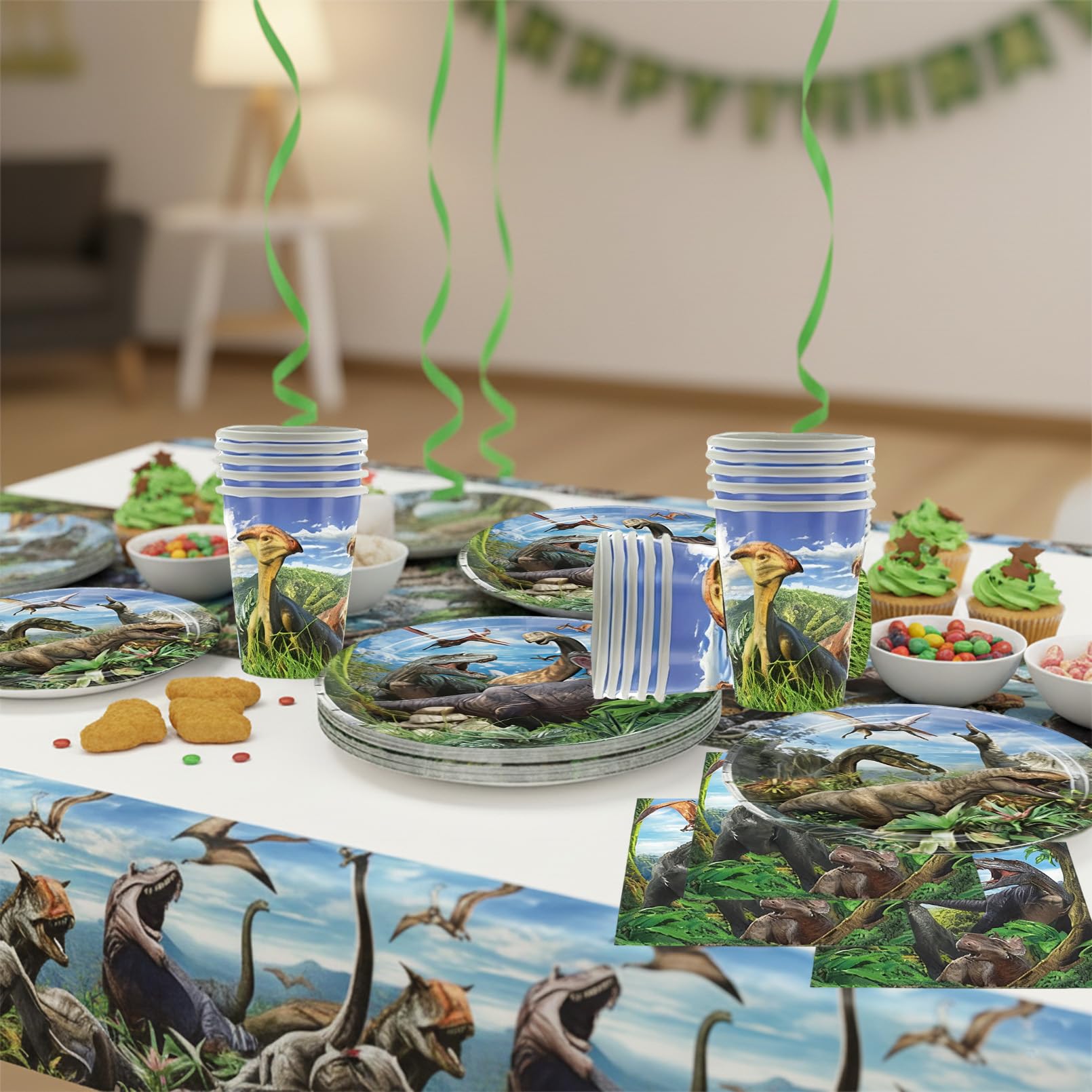 81 Pezzi Dinosauri Stoviglie per Feste di Compleanno，Addobbi Compleanno Dinosauri，Tovaglia，Piatti Carta