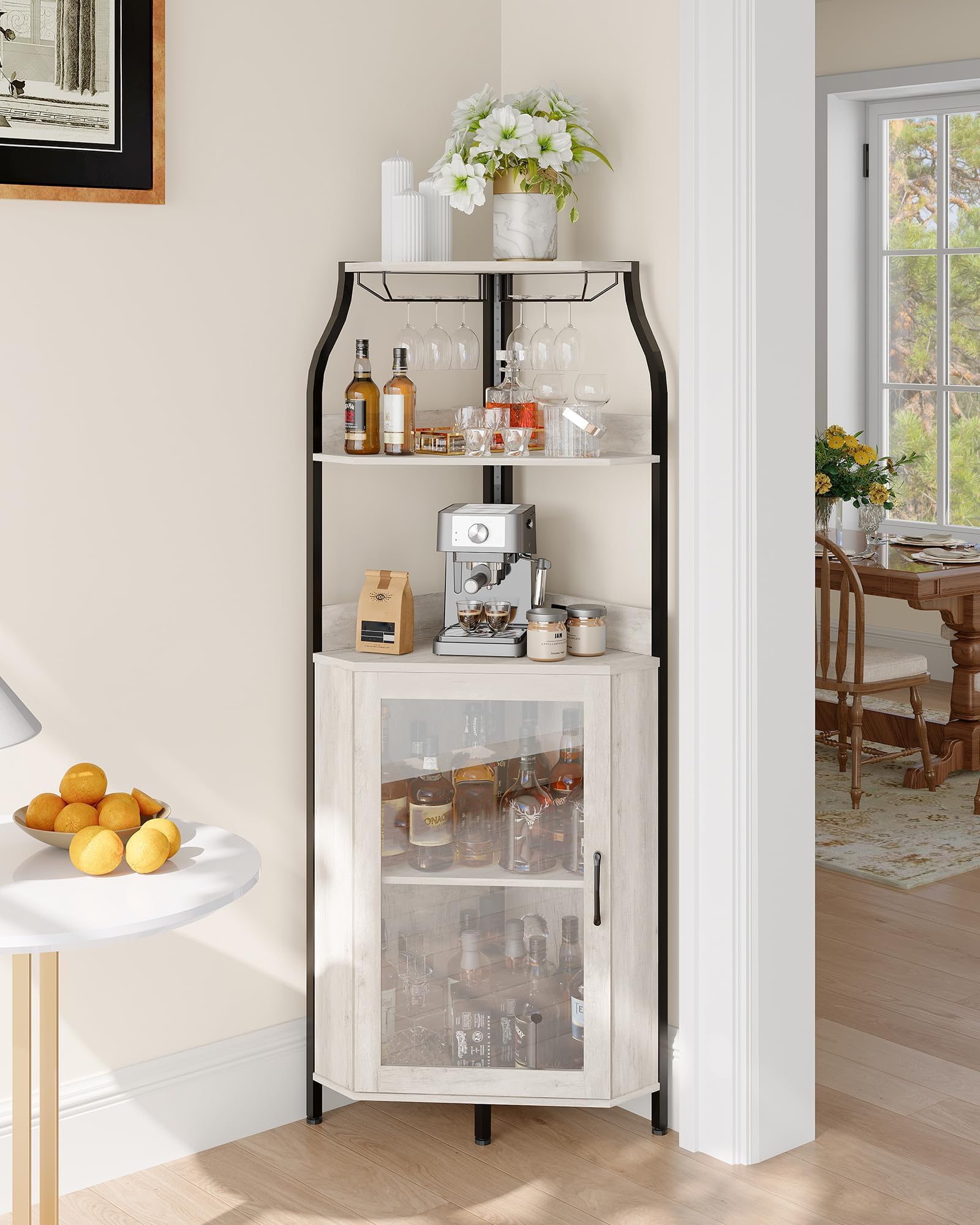 IDEALHOUSE Mueble bar curvo moderno de MDF con vitrina y puerta de vidrio, estantes ajustables, soporte para botellas y copas, iluminación LED, fácil de limpiar, compacto para salón/comedor - Color DE