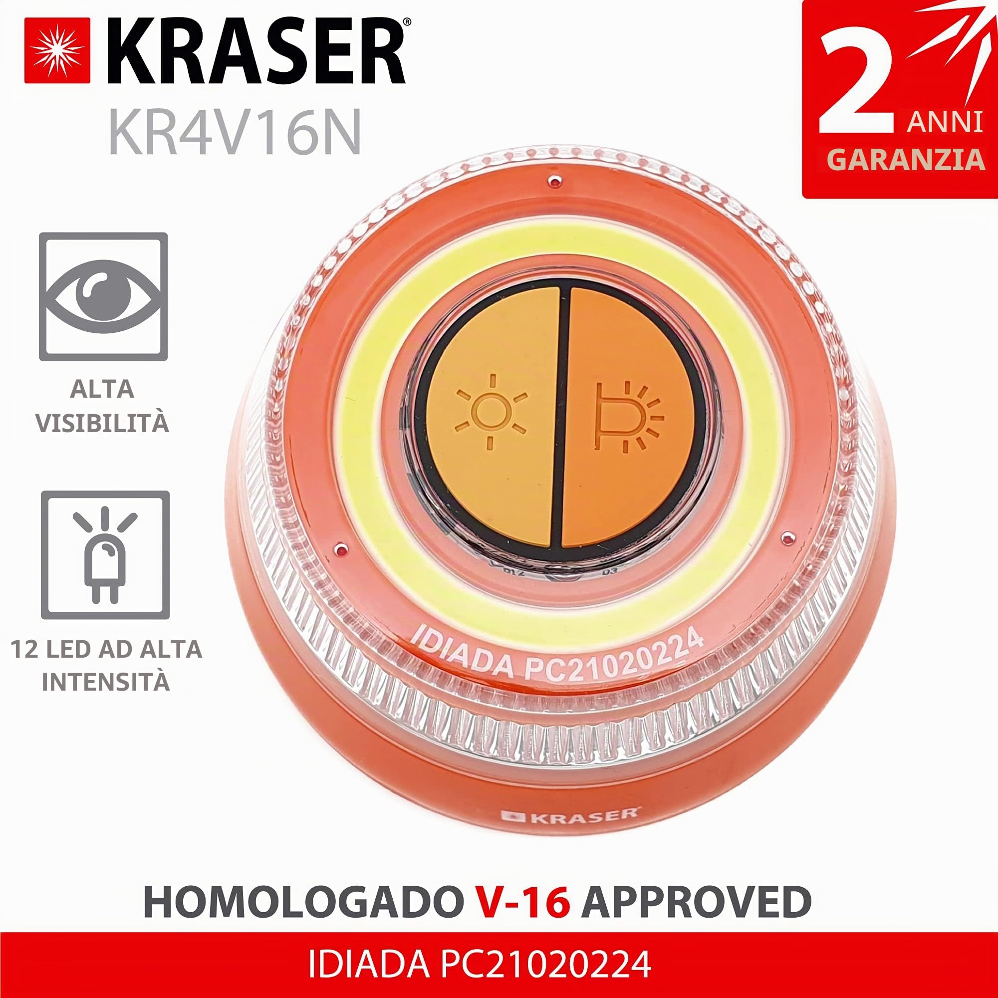 KRASER KR4V16NP4 4 Luce di Emergenza Auto Segnalazione Avviso Luminoso Autostrada Faro Illuminazione, Lampada Lampeggiante LED Stroboscopica di Intensità, Magnetica Omologata, Autonoma Torcia