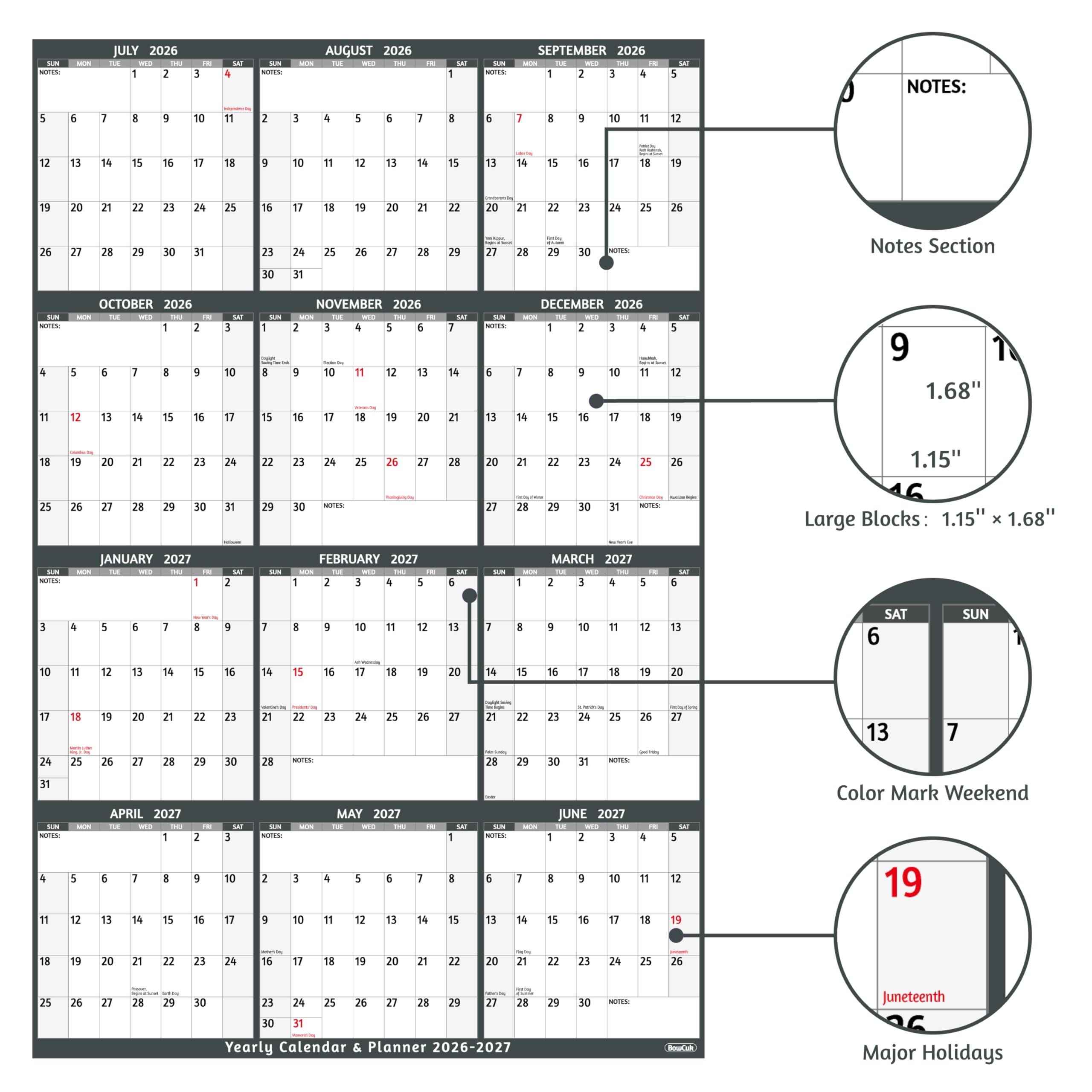 Jahreskalender 2026, vertikal, grau