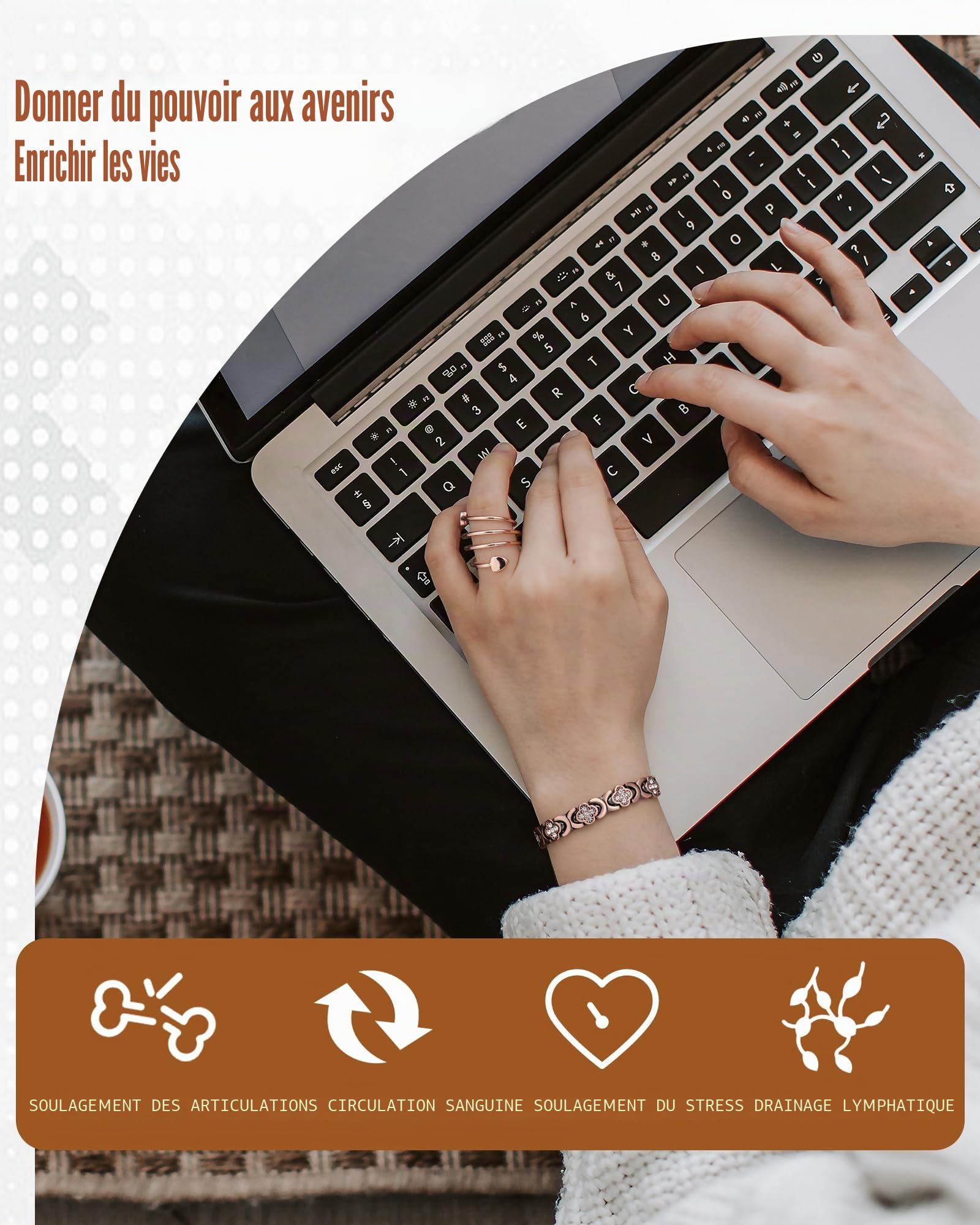 Jecanori Bracelet magnétique en cuivre pur à 99,99 % pour femme, bracelet en cuivre ultra résistant avec boîte cadeau et outil de retrait