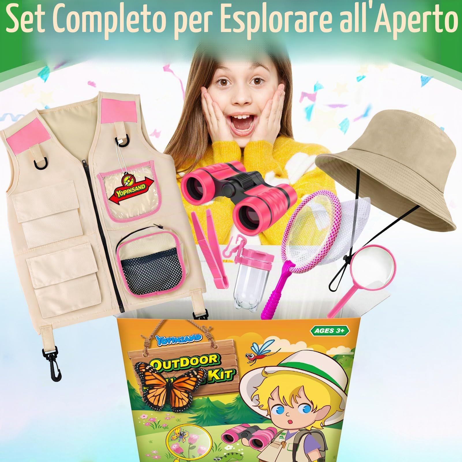 Set di esplorazione per bambini, con gilet cappello e binocolo per bambini, attrezzatura da campeggio con kit di esplorazione per coleotteri, ottimo giocattolo da