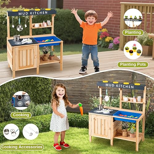 Miniatura 2 de HONEY JOY Cocina de barro, cocina de madera de cedro para niños pequeños, fregadero extraíble, accesorios de cocina, caja de maceta, armario de