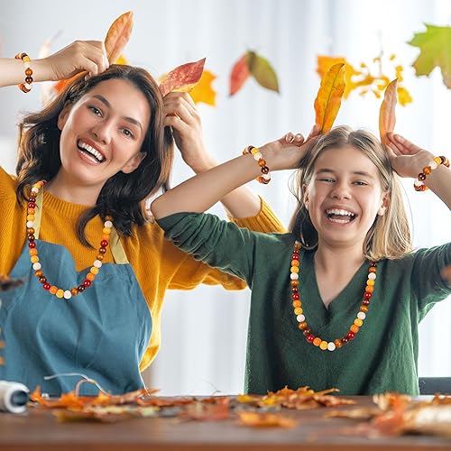 Miniatura 6 de Whaline - 240 piezas de cuentas de madera para otoño con temática de Acción de Gracias, cuentas redondas de colores rojo, naranja y amarillo con