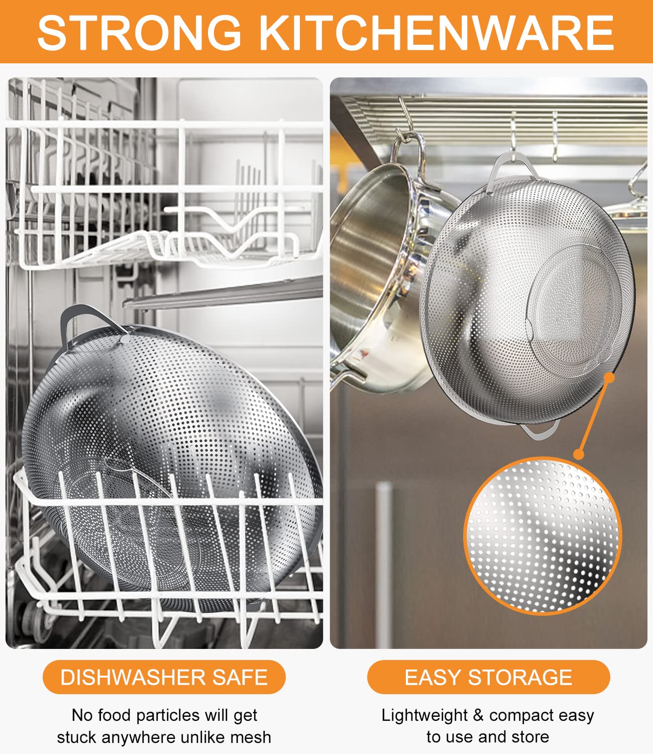 Zawaer Scolapasta da cucina, 3 pezzi in acciaio inox micro-perforato con manico per pasta, frutta, riso, verdure, più sane e molto lucidate, lavabili in lavastoviglie (20/23/29 cm)