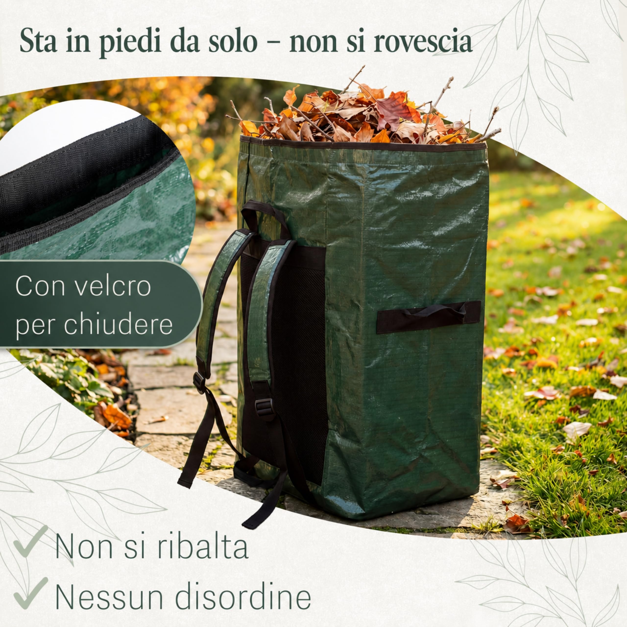Sacco per Rifiuti da Giardino 115 L – Mani Libere, Autoportante | Mani libere col sistema di trasporto a zaino imbottito | 115 L | autoportante e riutilizzabile | tessuto PP resistente