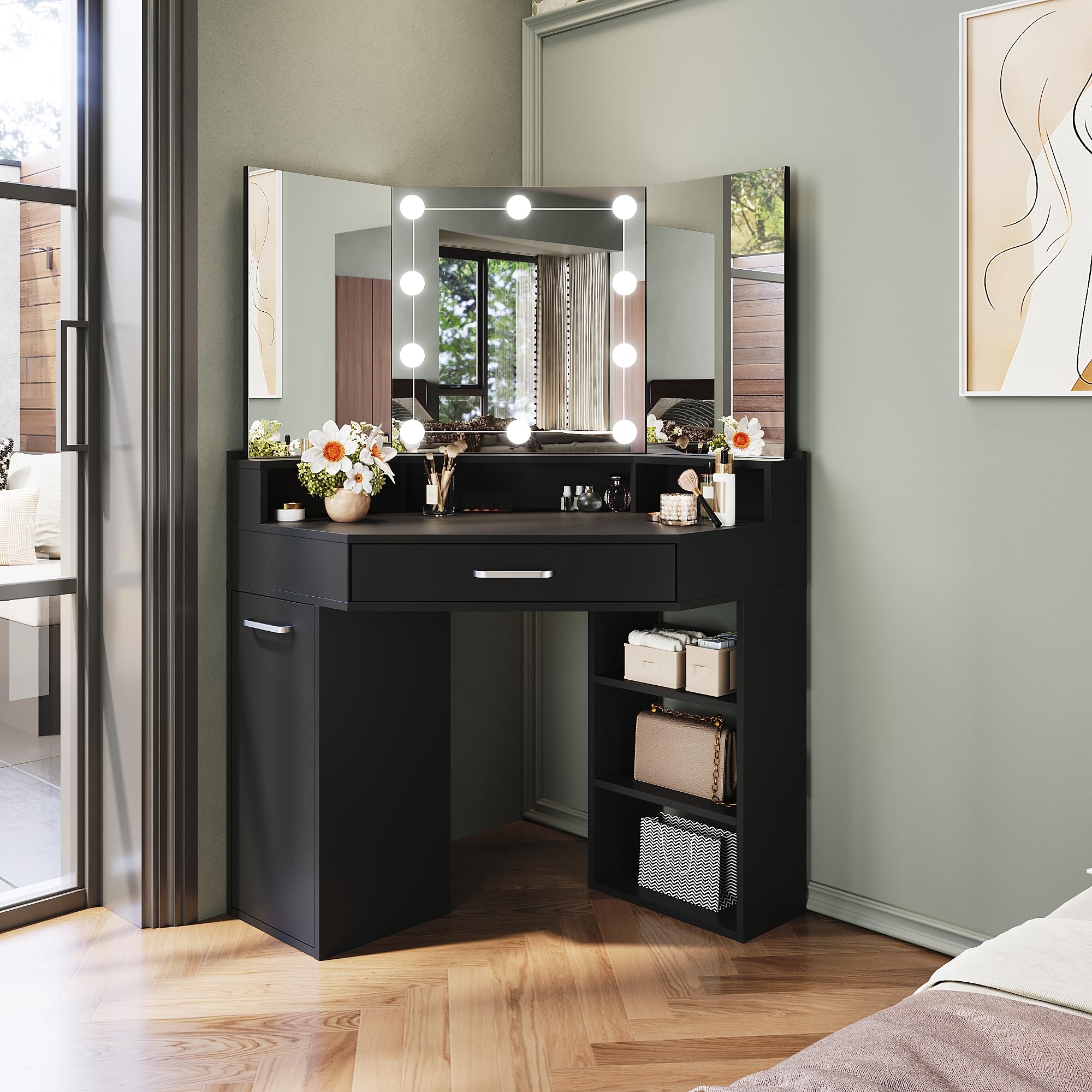 SIRHONA Coiffeuse d'angle avec lumière LED Réglable, Coiffeuse avec 2 étagère 3 Tiroirs, Table de Maquillage Noir pour Chambre à Coucher 111 x 54 x 141.5 cm