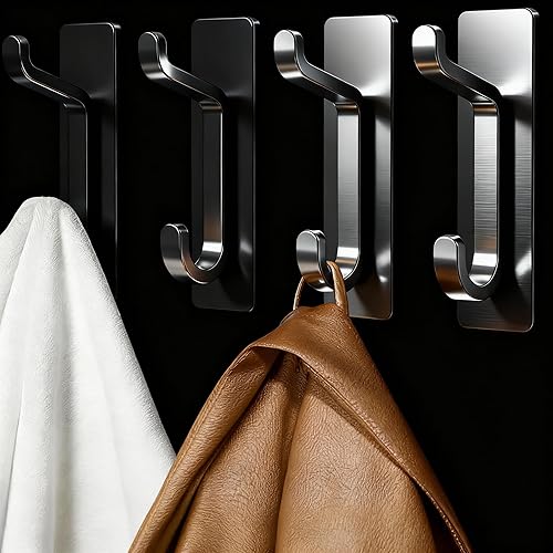 Miniatura 5 de Paquete de 2 ganchos adhesivos de pared, color negro, 13 libras, gancho doble resistente para abrigo, toalla, sombrero, colgador de puerta