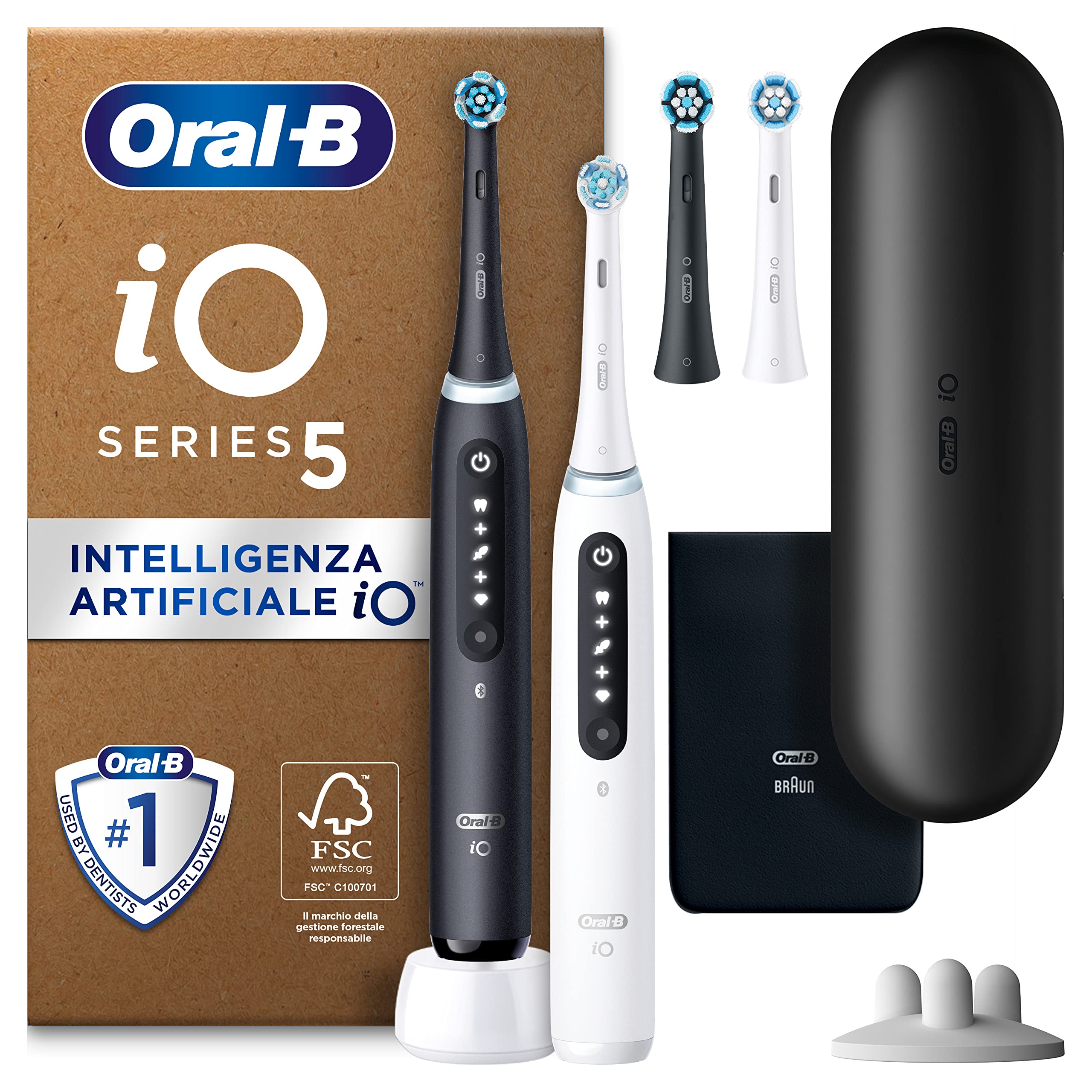 Oral-​B Spazzolino Elettrico Ricaricabile iO 5N, Sensore di Pressione, Intelligenza Artificiale, 5 Modalità di Spazzolamento, 4 Testine, 2 Spazzolini, 1 Custodia da Viaggio, Bianco e Nero, Idea Regalo