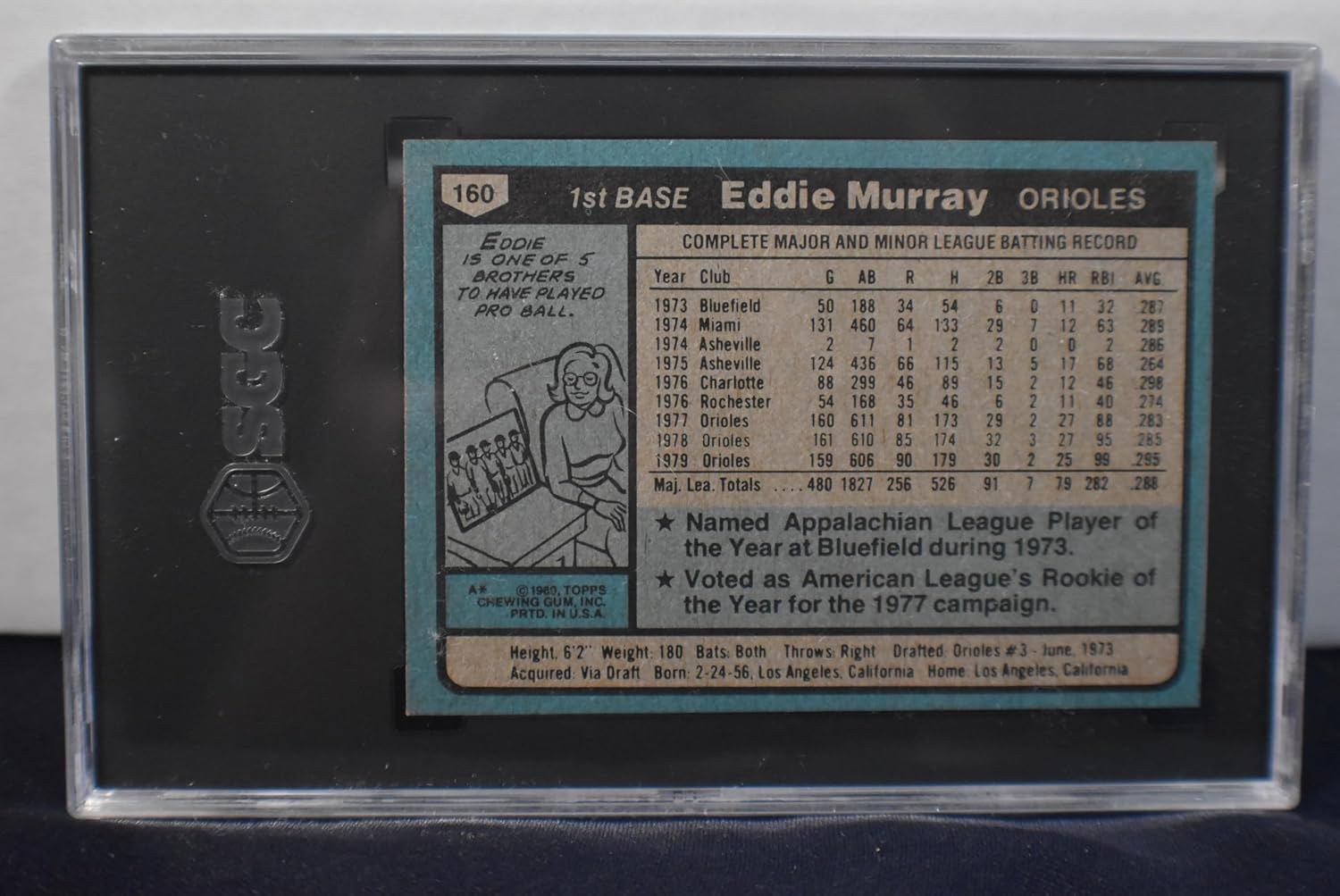 EDDIE MURRAY 1980 Topps #160 Baseball Card SGC Graded NM-Mint+ 8.5 Baltimore Orioles