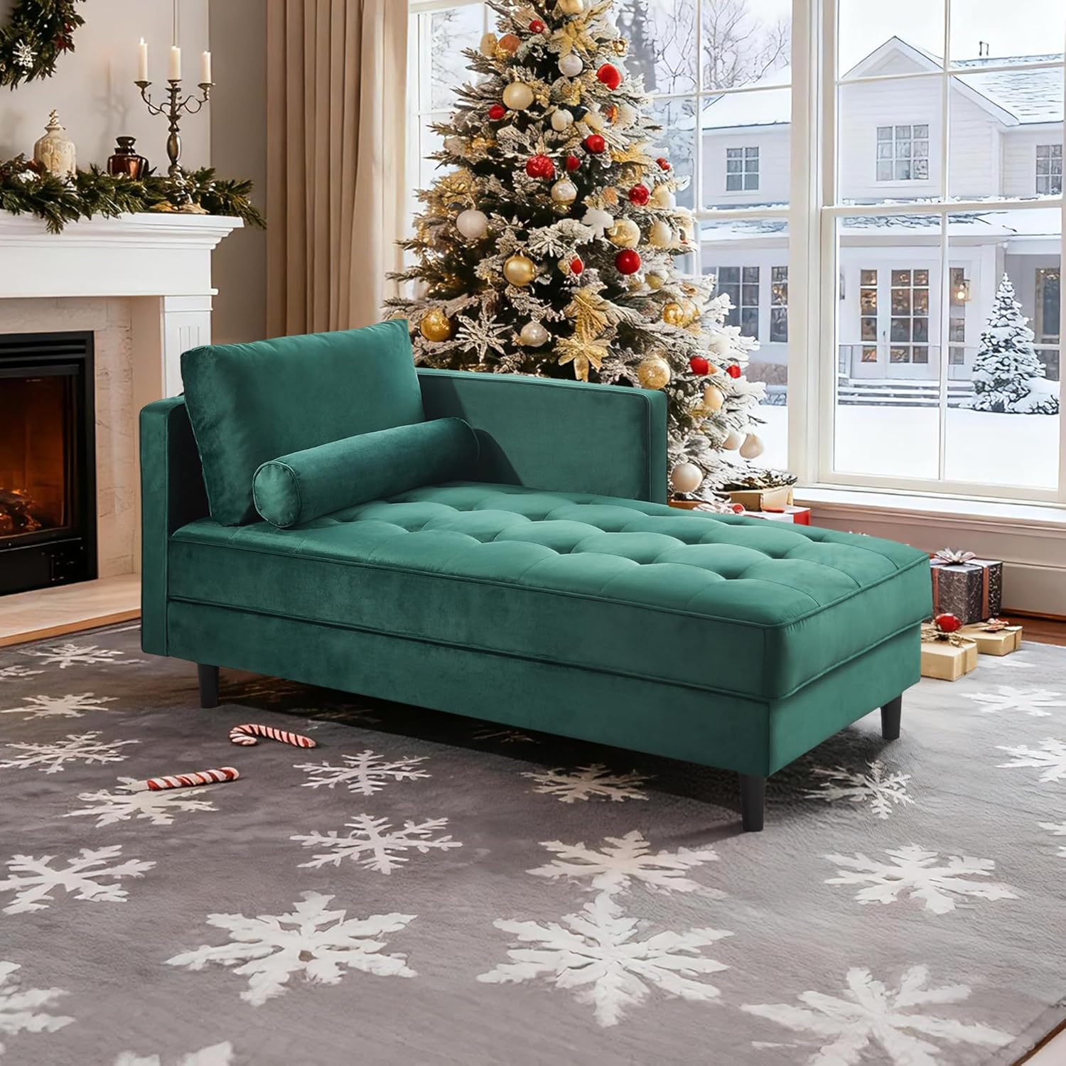 64'' Velvet Chaise Lounge Indoor, Modern Longue Chair Upholstered Chaise Longue with Support Pillow, Button Tufted Seat Cushion, Sleeper Sofa Recliner for Bedroom, Living Room, Office, Green