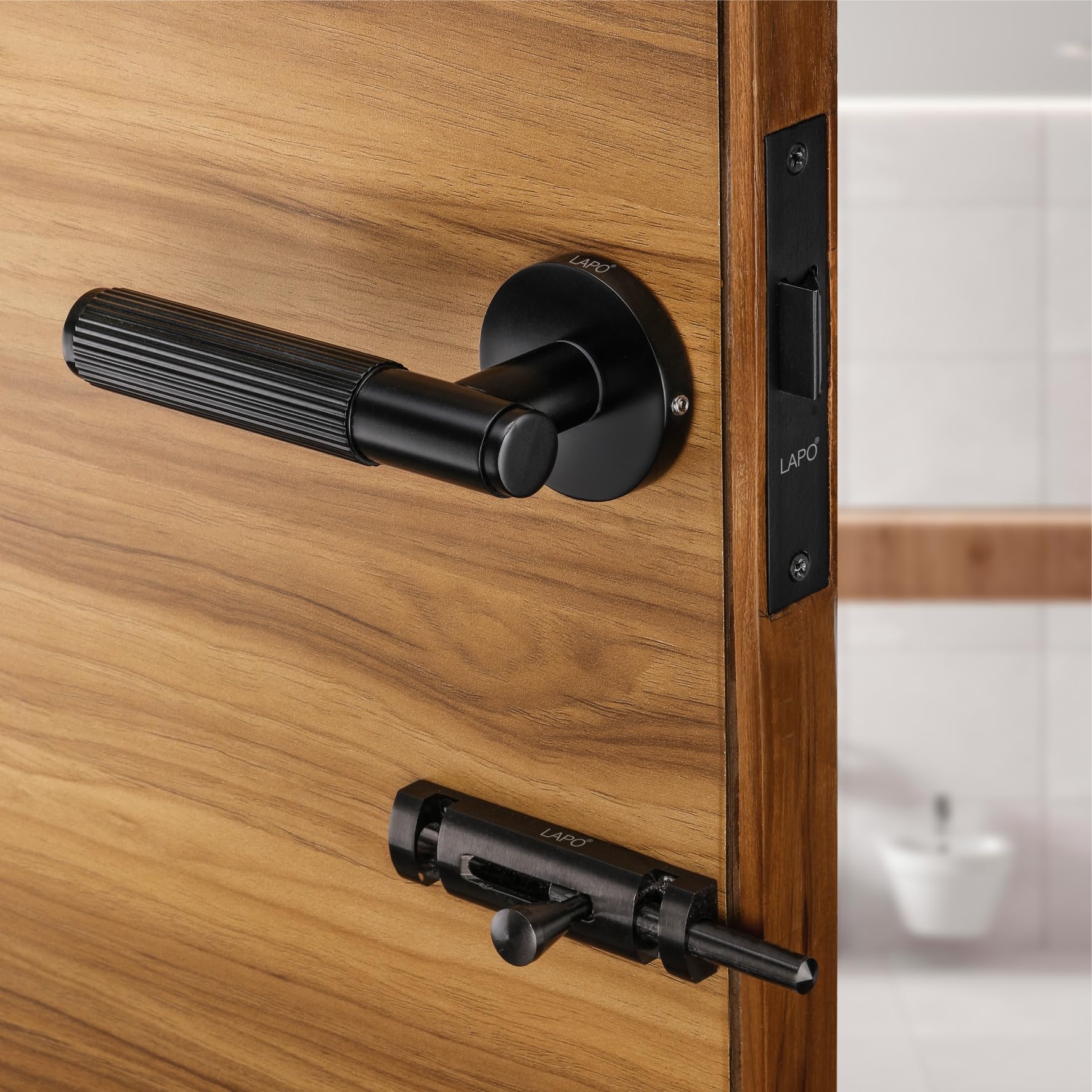 LAPO Full 100% Brass Door Lock for Bathroom Door Lock, Balcony Door Lock, Mortise Keyless Handlesets with Brass Baby Latch for Home,Office,Hotel | Black Finish | 3 Years Warranty Ro-2200, Pull Handle