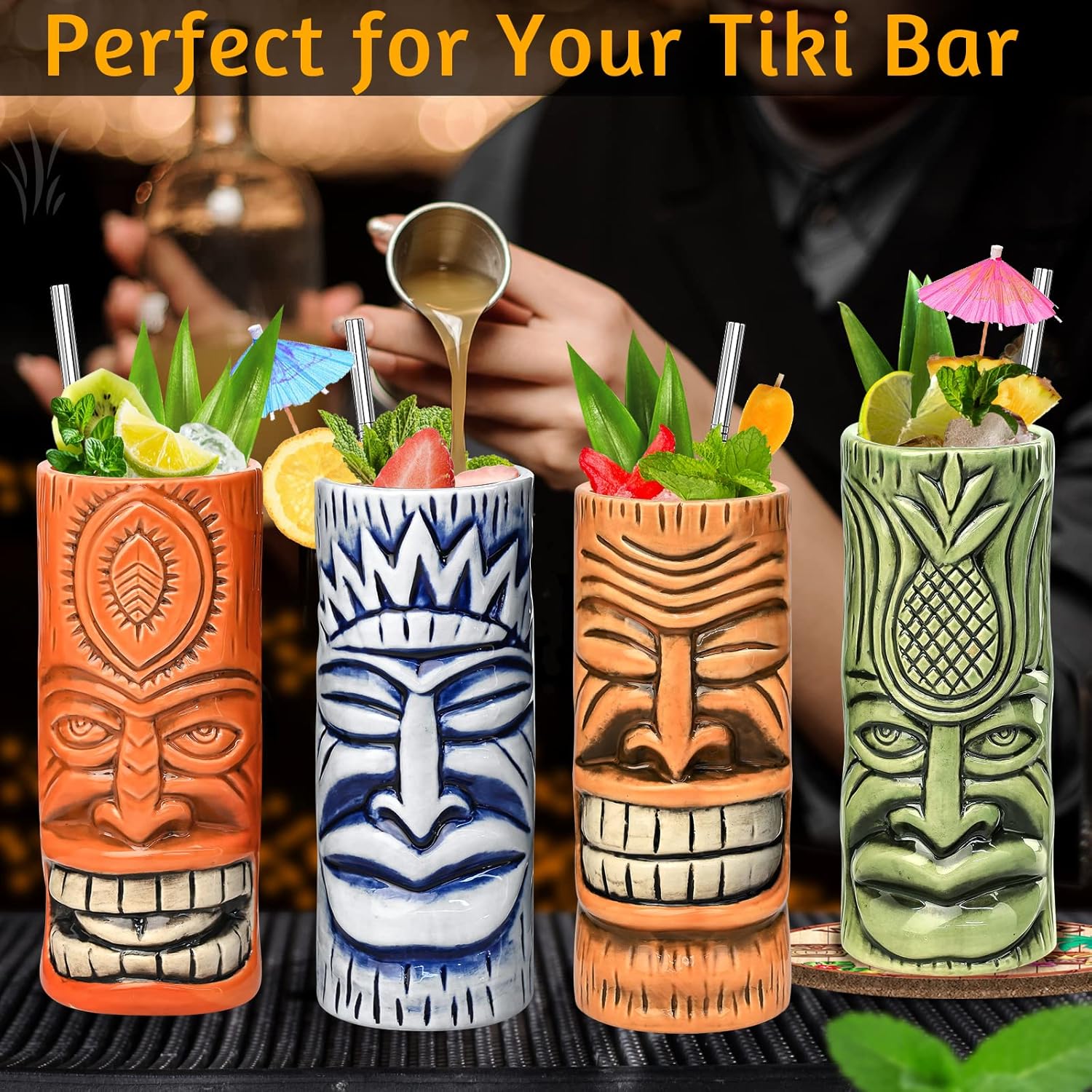 4 Pcs Tiki Mugs with Coasters Set - Ceramic Tiki Glass Cocktail mug And Luau Party Decorations Tiki Totem Door Banner Sign 3pcs Tiki Banner Luau Porch Hawaiian Cover for Aloha Hawaii Luau Tropical Moa