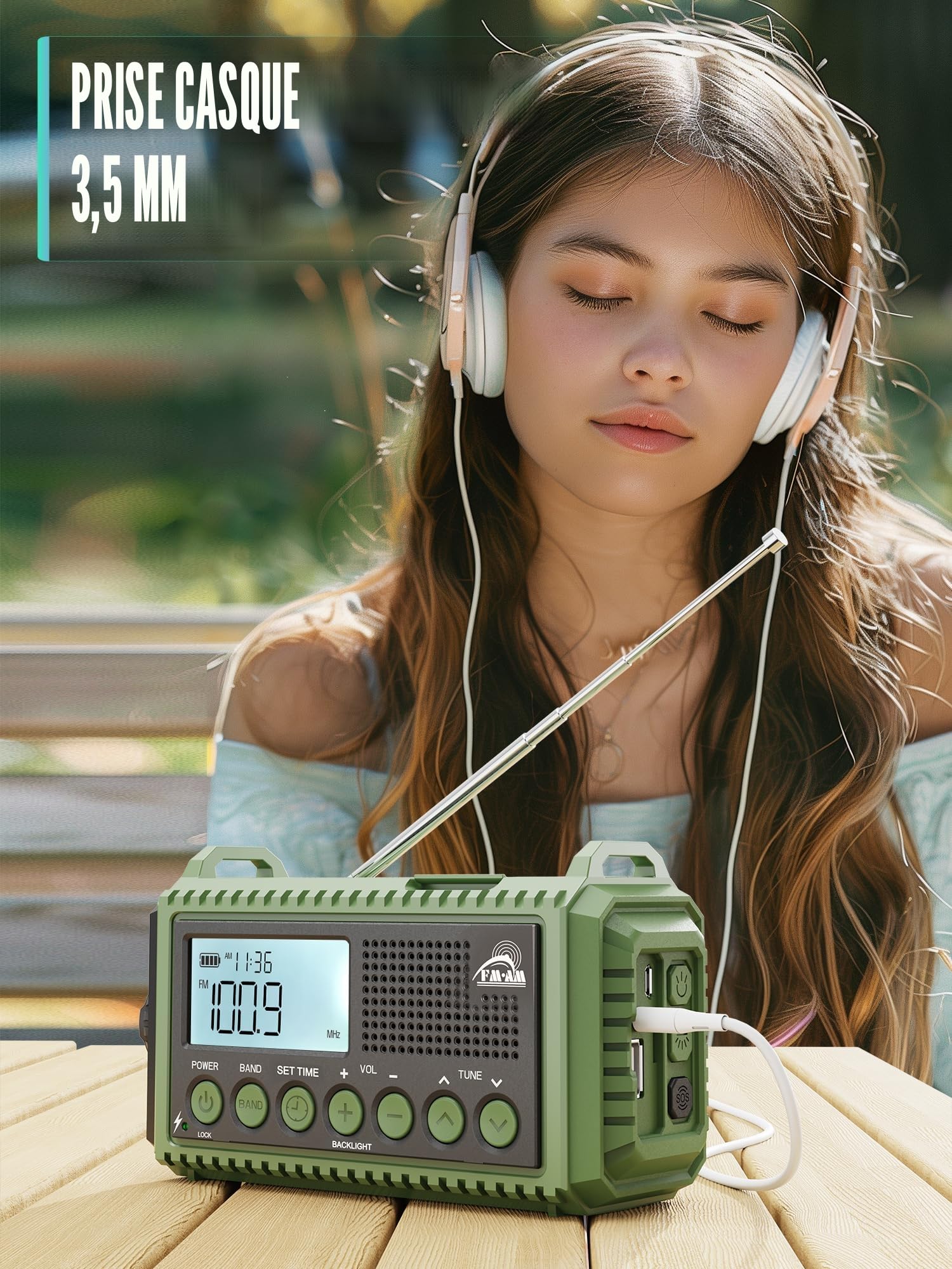 Radio Solaire FM/AM Portable 12000mAh Batterie Rechargeable d'Urgence avec Manivelle Lampe de Poche Chargeur Téléphone Alarme SOS