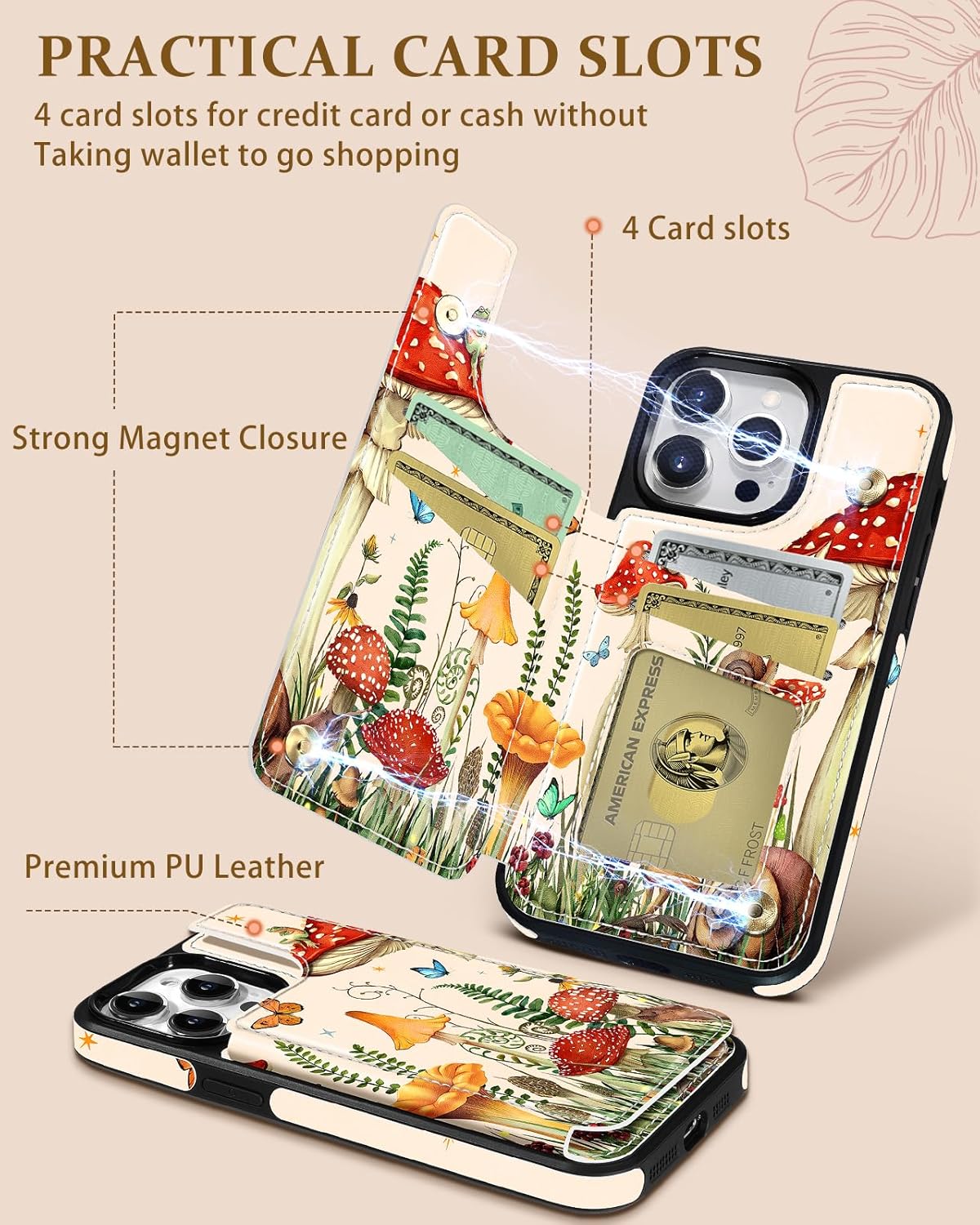 for iPhone 15 Pro Max Wallet Case with Card Holder, Designer Mushroom Frog Pattern Kickstand Magnetic Clasp Back Flip Folio Leather Phone Cases for iPhone 15 Promax for Women Men Girls - Image 3