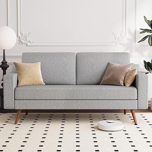 65.4" Loveseat Sofa Grey Line Fabric Couch, Mid-Century Modern Small Couches for Living Room, Bedroom, Office, Comfy Sofa with Spring Cushion, Solid Wood Frame, Tool-Free Assembly
