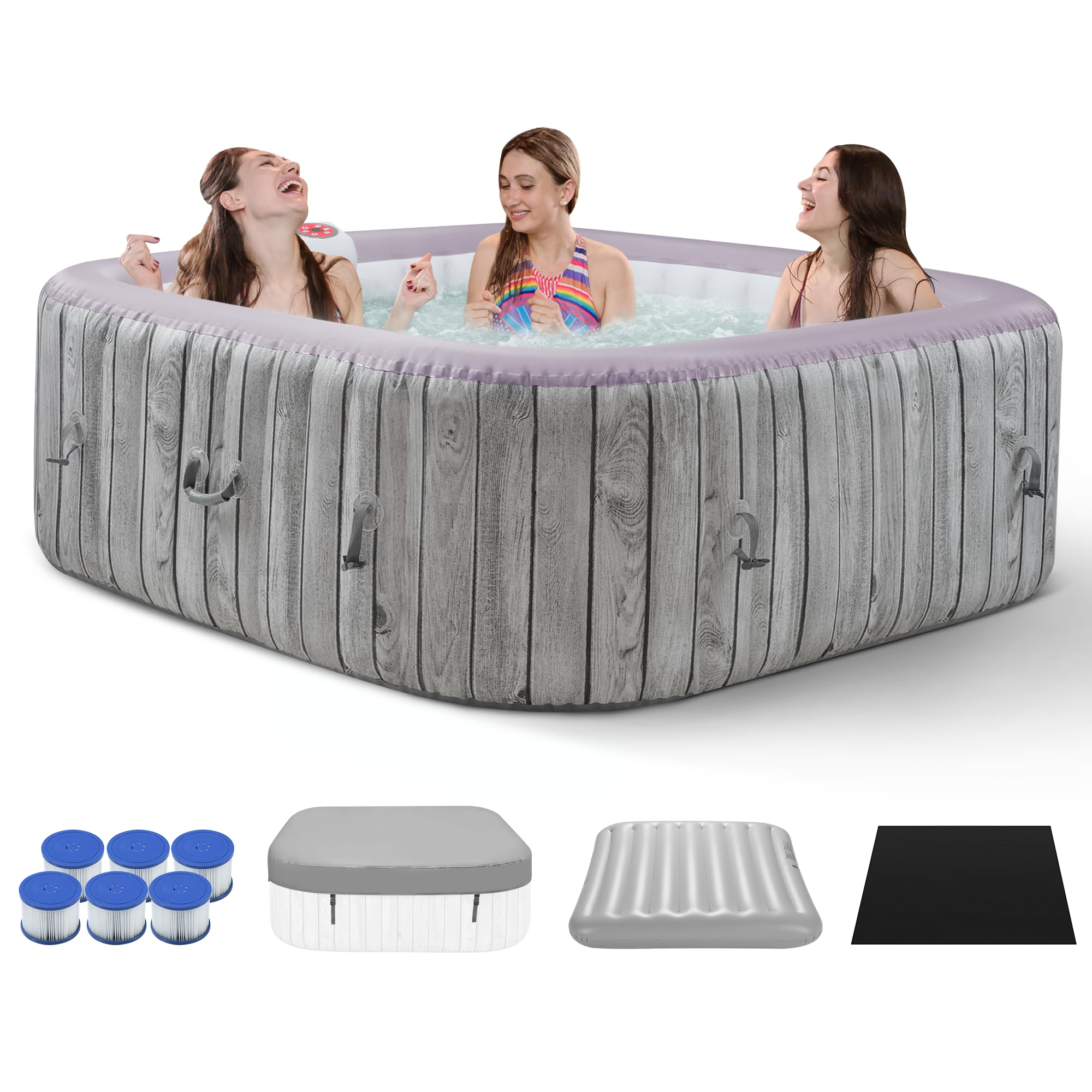 Inflatable Square Hot Tub Spa Set, Outdoor Bubble Massage Portable Hot Tubs, 4-6 Person Blow up Hot Tub with 130 Soothing Jets, Insulated Cover, Built in Heater Pump, 6 Filter Cartridges