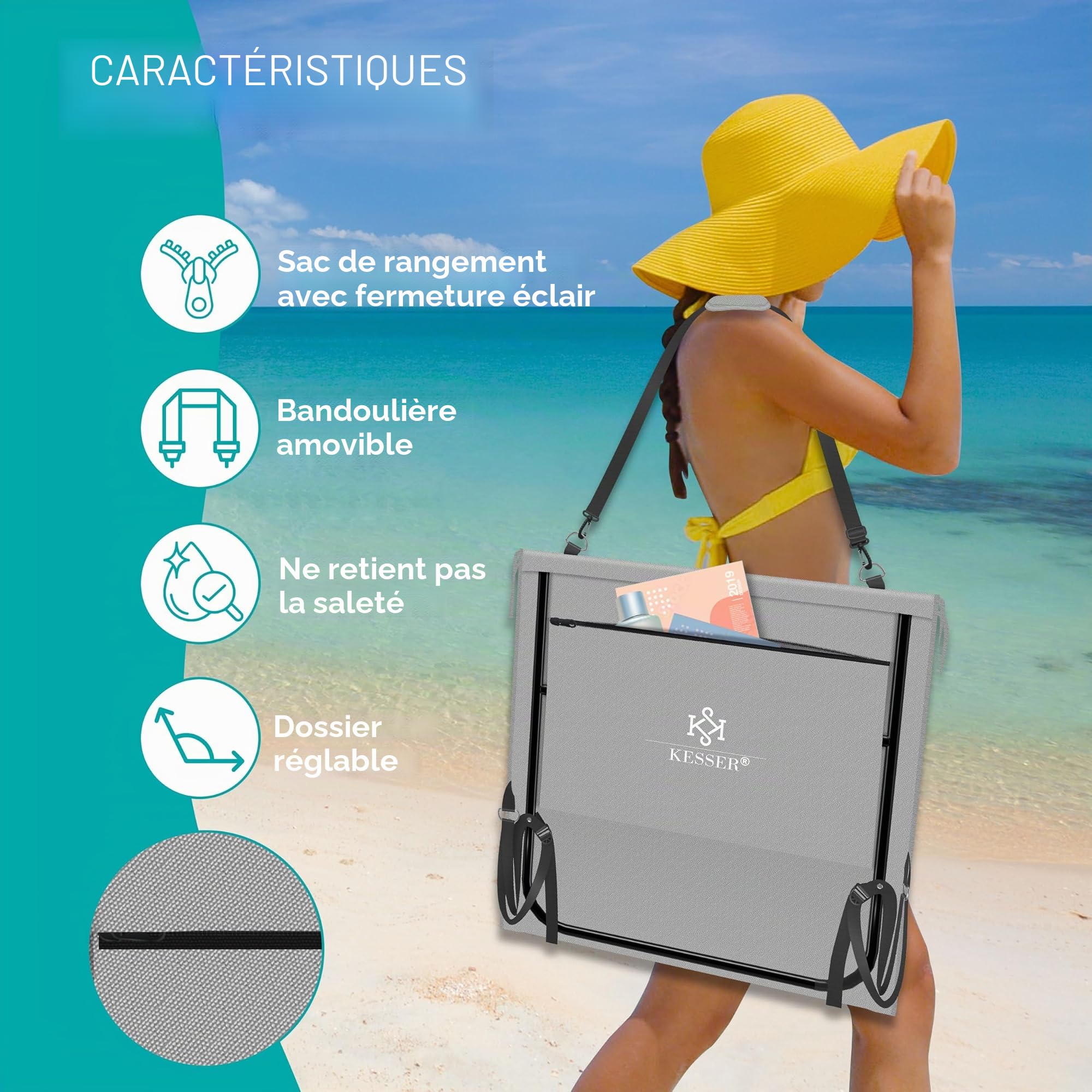 KESSER® Lot de 2 Matelas de Plage Pliables avec Dossier réglable, Sangle de Transport, Sac étanche & Rangement - Chaise Longue Pliable pour la Plage, Le Jardin & la terrasse pouvant Supporter 130 kg
