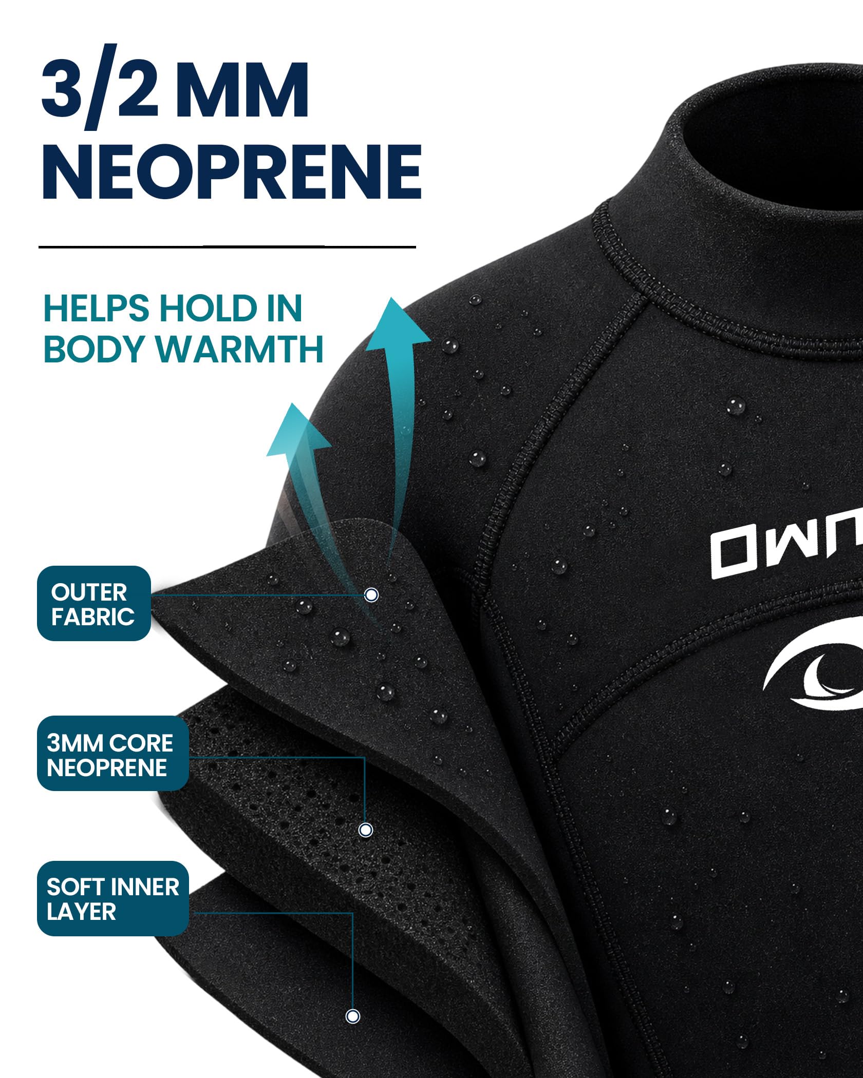 Owntop Combinaison de plongée thermique en néoprène de 3/2 mm avec fermeture éclair dans le dos pour homme et femme, pour plongée en eau froide et surf