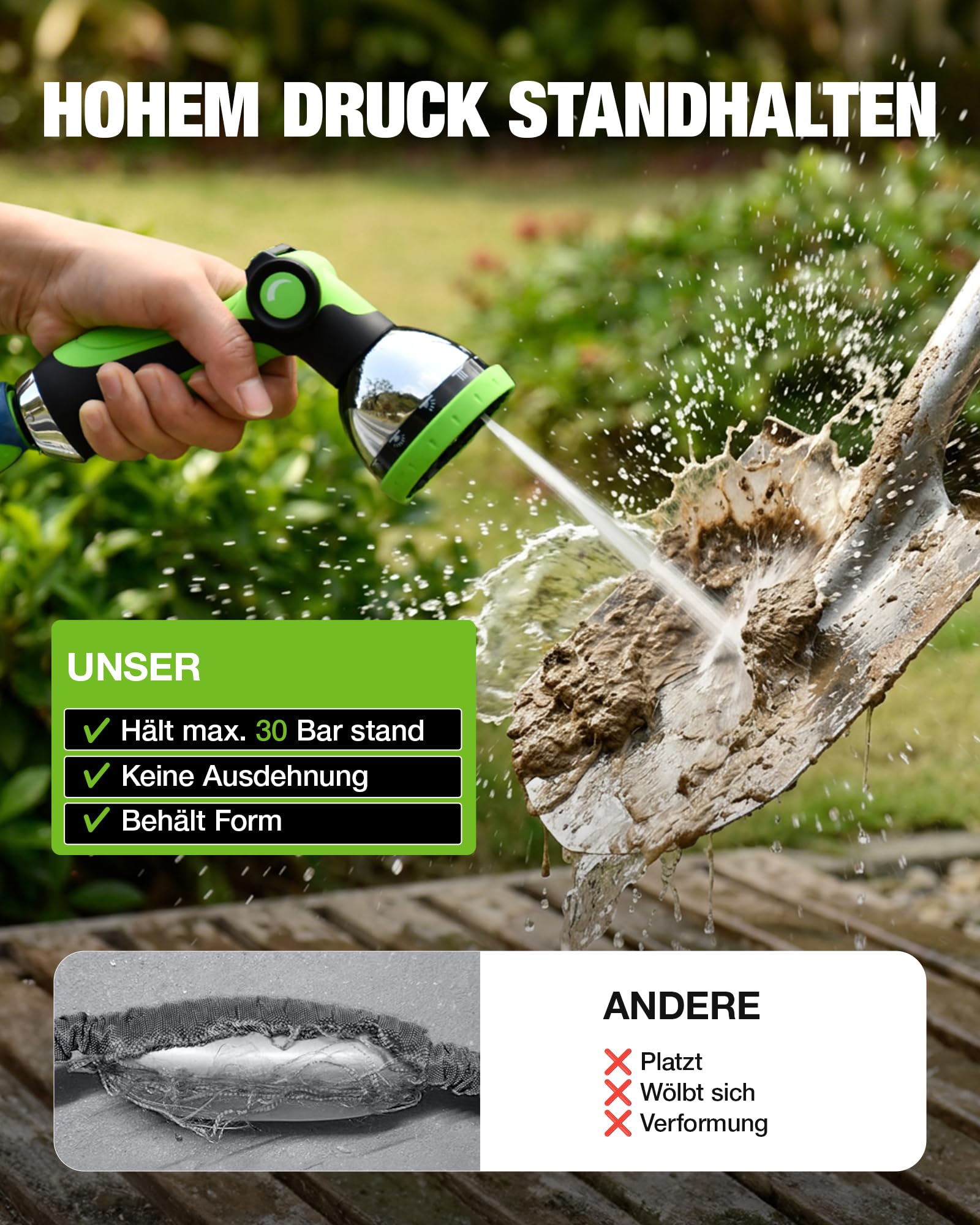 RAINPOINT Gartenschlauch Flexibel 15m, Leichtgewicht-Wasserschlauch mit TPE-Innenschlauch, 800D Oxford-Gewebe, 30 Bar Berstdruck, 10-Funktionen Gartenbrause, 1/2" & 3/4" Anschlüsse