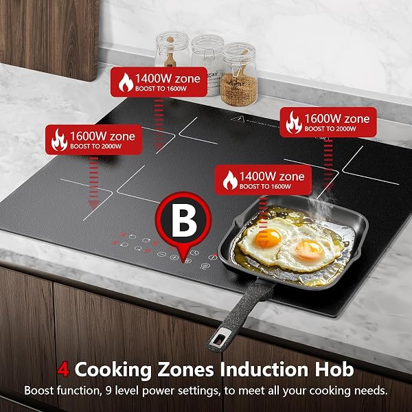 KICHPOWER Induction Hob 4 Zones, Built-in Induction Hob 60 cm with Booster, 4 Burner Cooker, Touch Control, 9 Power Levels, 1-99 Min Timer, Child Lock, Heat Indicator, No Plug - 2