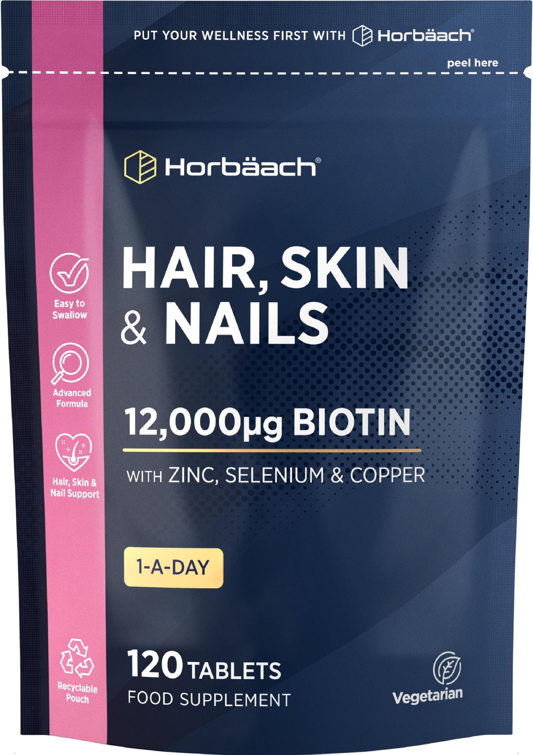 Hair Skin and Nails Vitamins | Biotin Hair Growth | 12,000mcg Biotin with Zinc, Selenium, Copper & More! | Beauty Supplement for Women and Men | 120 Vegetarian Tablets | by Horbaach