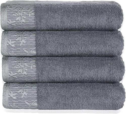 SUPERIOR Juego de 4 toallas de baño absorbentes bordadas de algodón con borde Dobby floral, 30 x 54 pulgadas, color negro