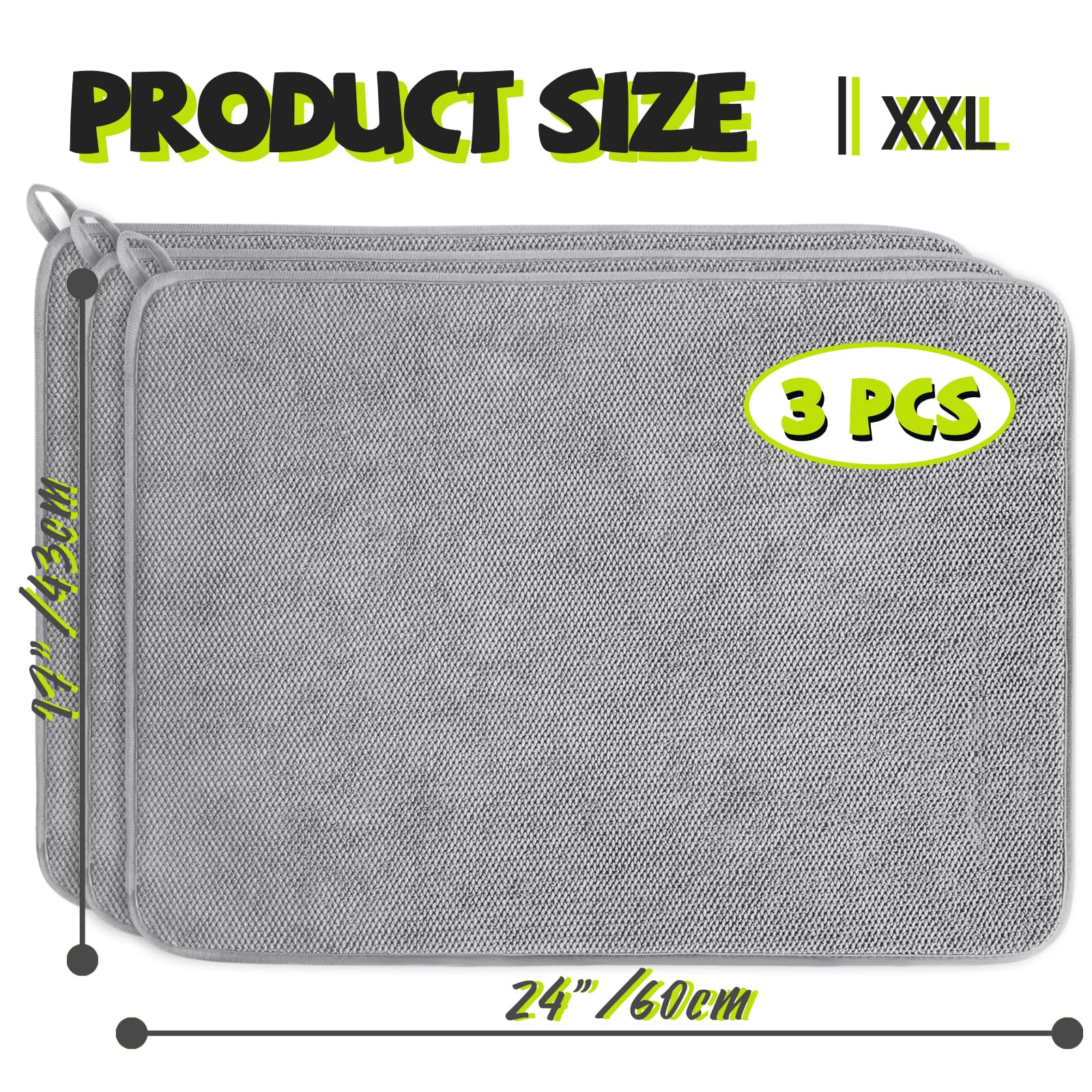 3 Stück XXL-Abtropfmatten, saugfähige Mikrofaser-Abtropfmatte, große Küchentheken-Pads für Kaffee, Regal, unter der Spüle, Abtropfgestell, Arbeitsplatten, Nadelstreifen (grau, 61 x 43 cm)