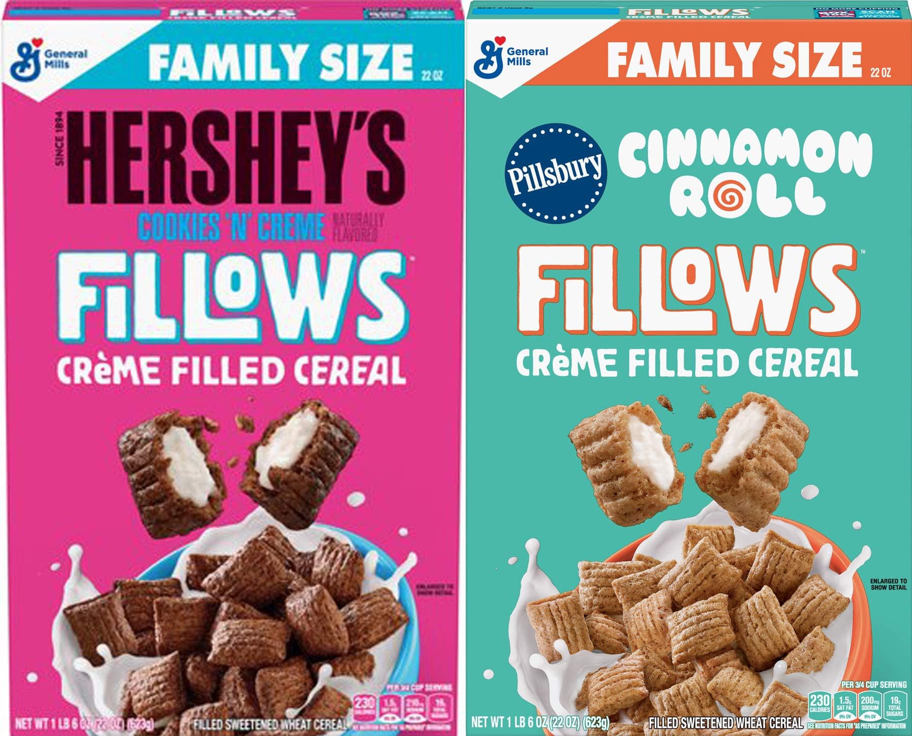 Creme Filled Cereal 2 Pack Fillows Pillsbury Cinnamon Roll + Hershey's Cookies and Cream Fillows Family Size