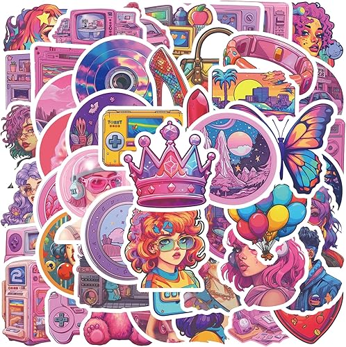 50 calcomanías rosadas Y2K, lindas calcomanías de caricatura para niñas Vaporwave para botella de agua, laptop, calcomanías de vinilo impermeables