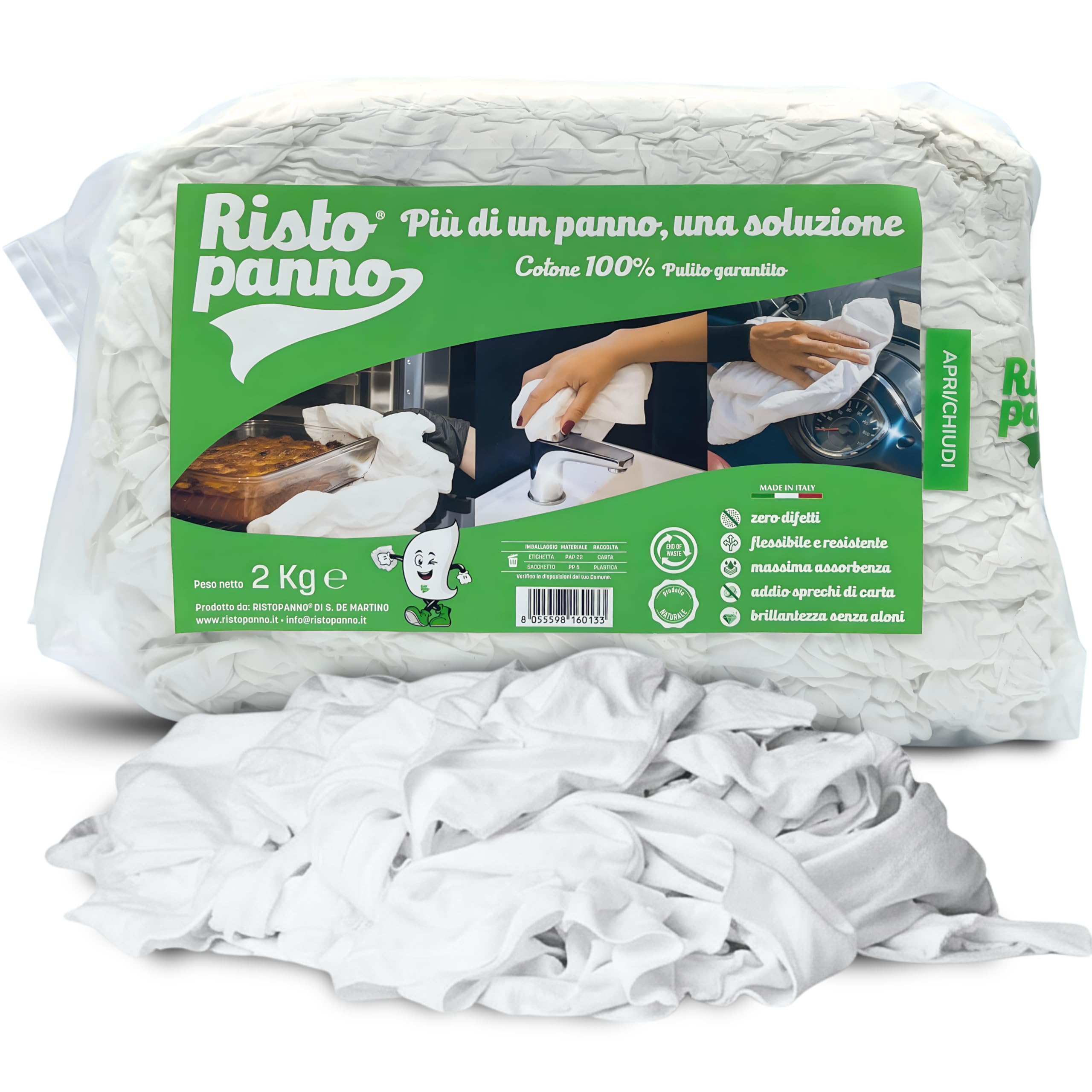 Ristopanno Home – Panni Multiuso - Stracci Bianchi Cotone 2 KG - Non Lascia Aloni - Uso Quotidiano per Casa, Auto, Moto e Garage - Lavabili Flessibili e Resistenti – Massima Assorbenza