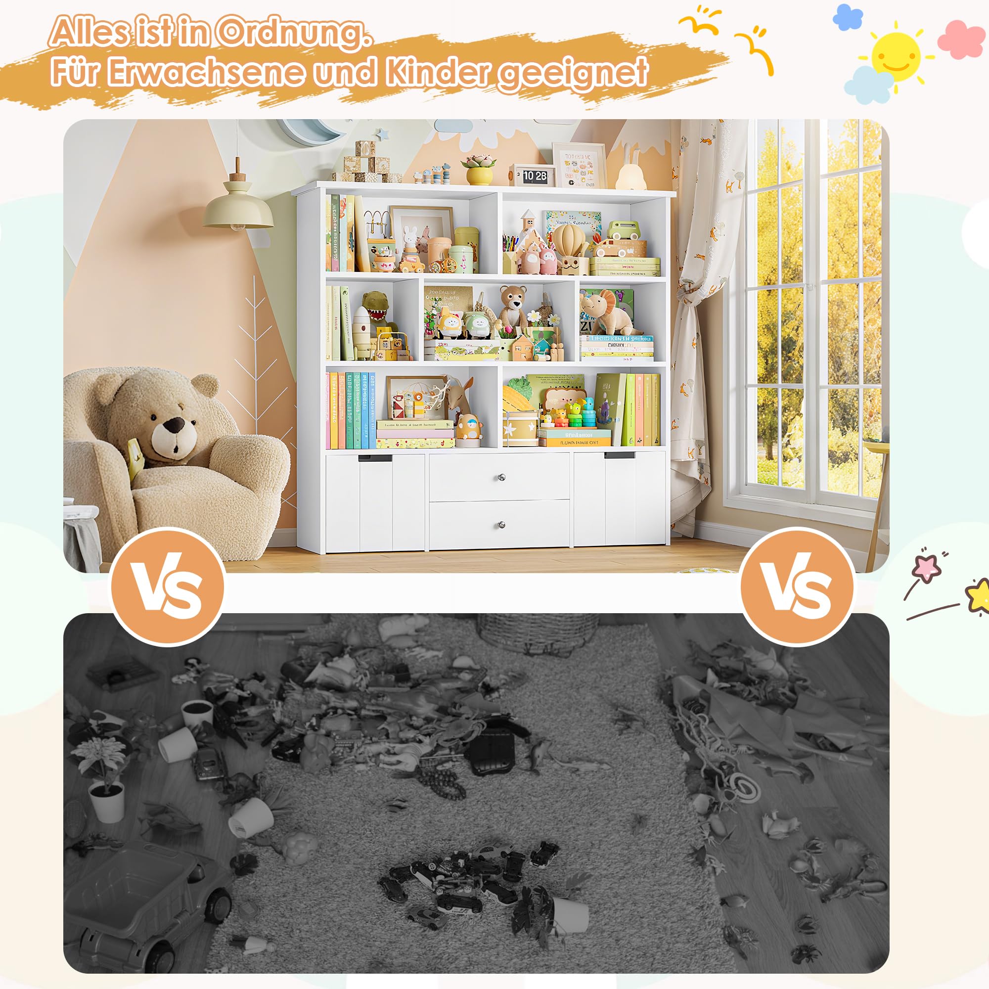 FOREHILL Kinderregal mit 4 Schubladen, Kinderzimmer Möbel, Bücherregal | Kinderregal mit Boxen auf Rollen, Regal Kinderzimmer, Spielzeug Aufbewahrung für Kindergarten, Leseecke 125x33x120cm