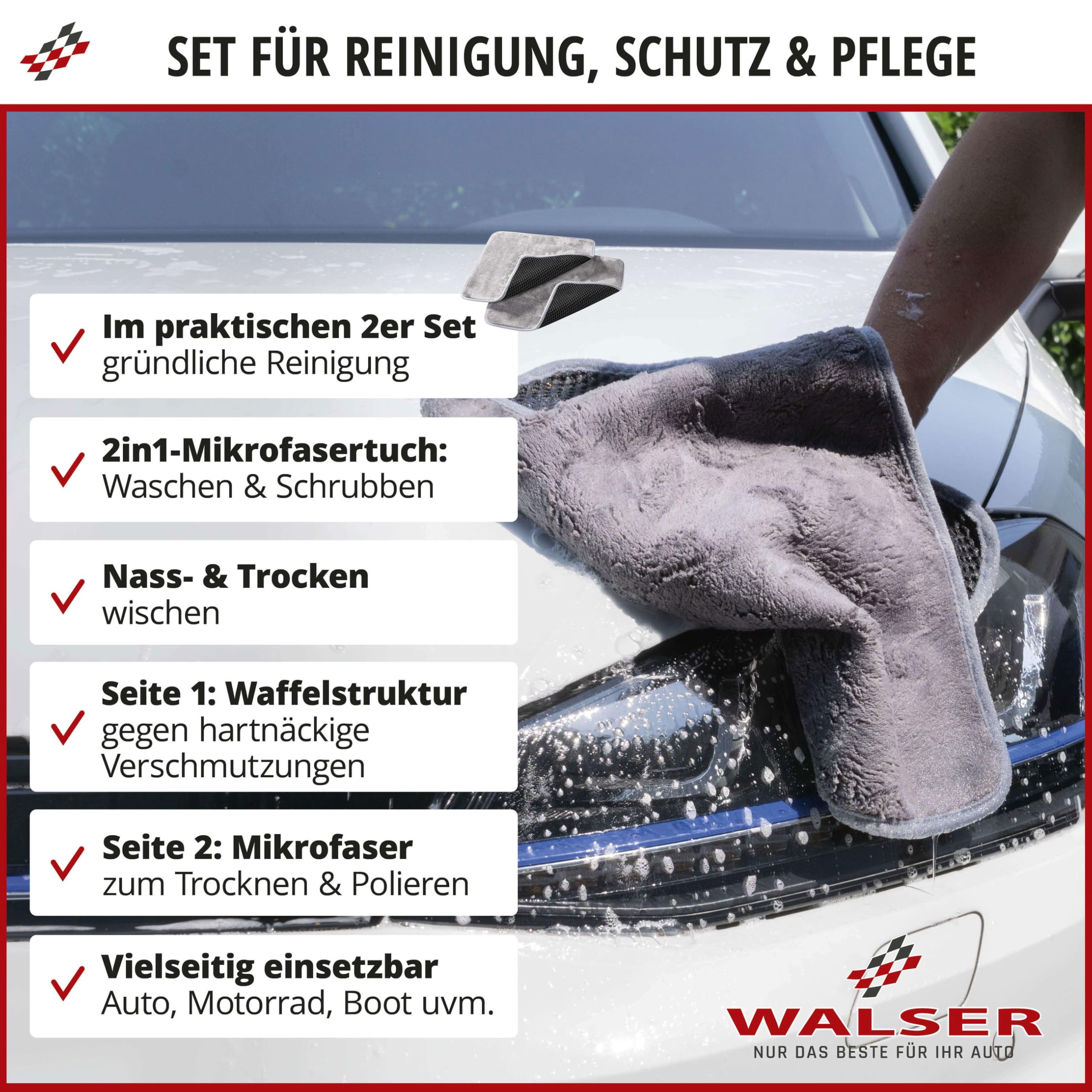 Walser paños de Microfibra para Coche, paño de Secado Coche, paño de Secado con Extra absorbencia y Extra Suave, 40x40cm paño de Pulido para secar y Limpiar sin Rayas