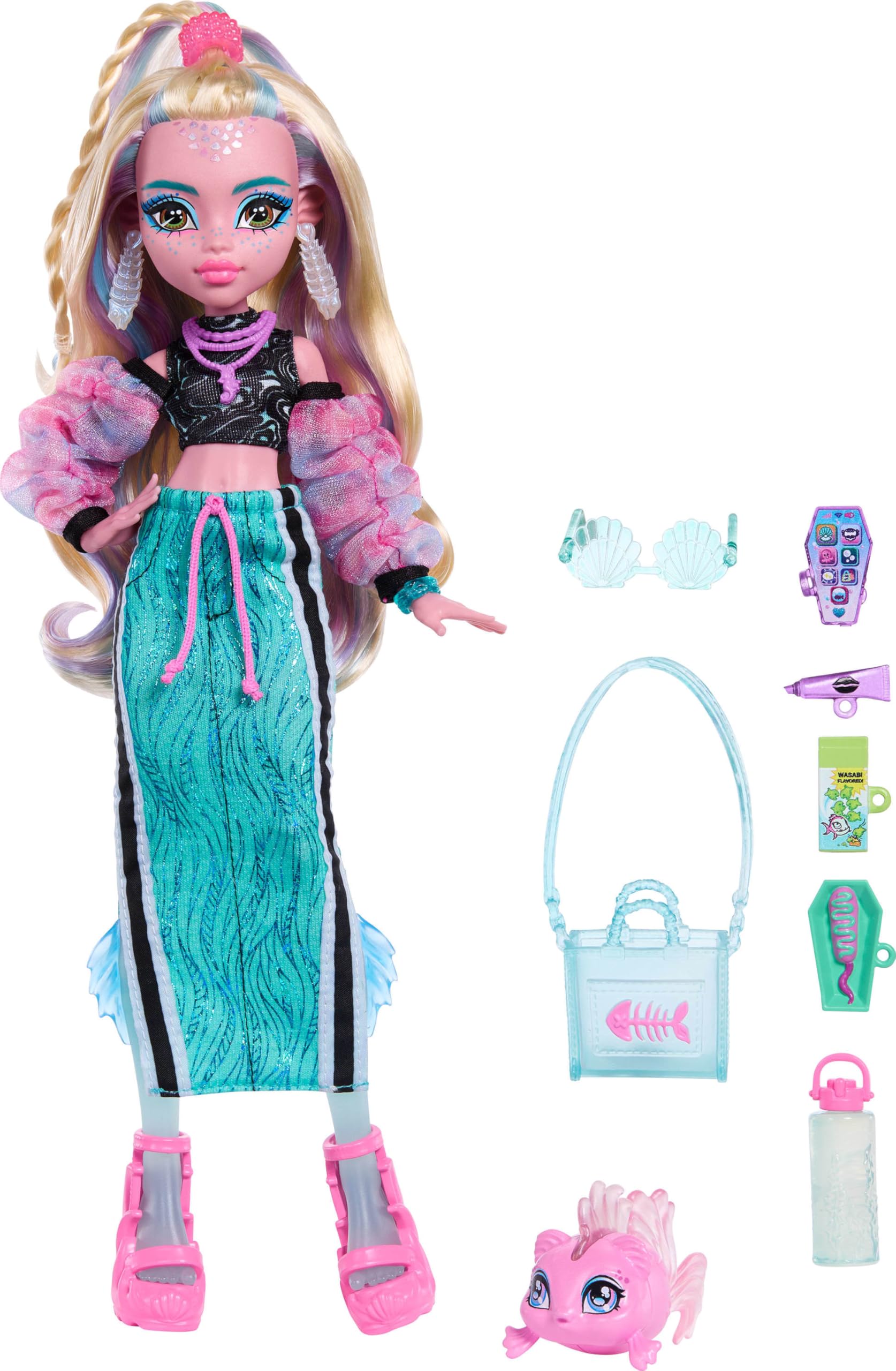 Monster High Doll, Lagoona Blue in Crop Top and Sporty Maxi Skirt with Pet Fish Neptuna and 7 Accessories Like Shell Sunglasses, Snack and Purse