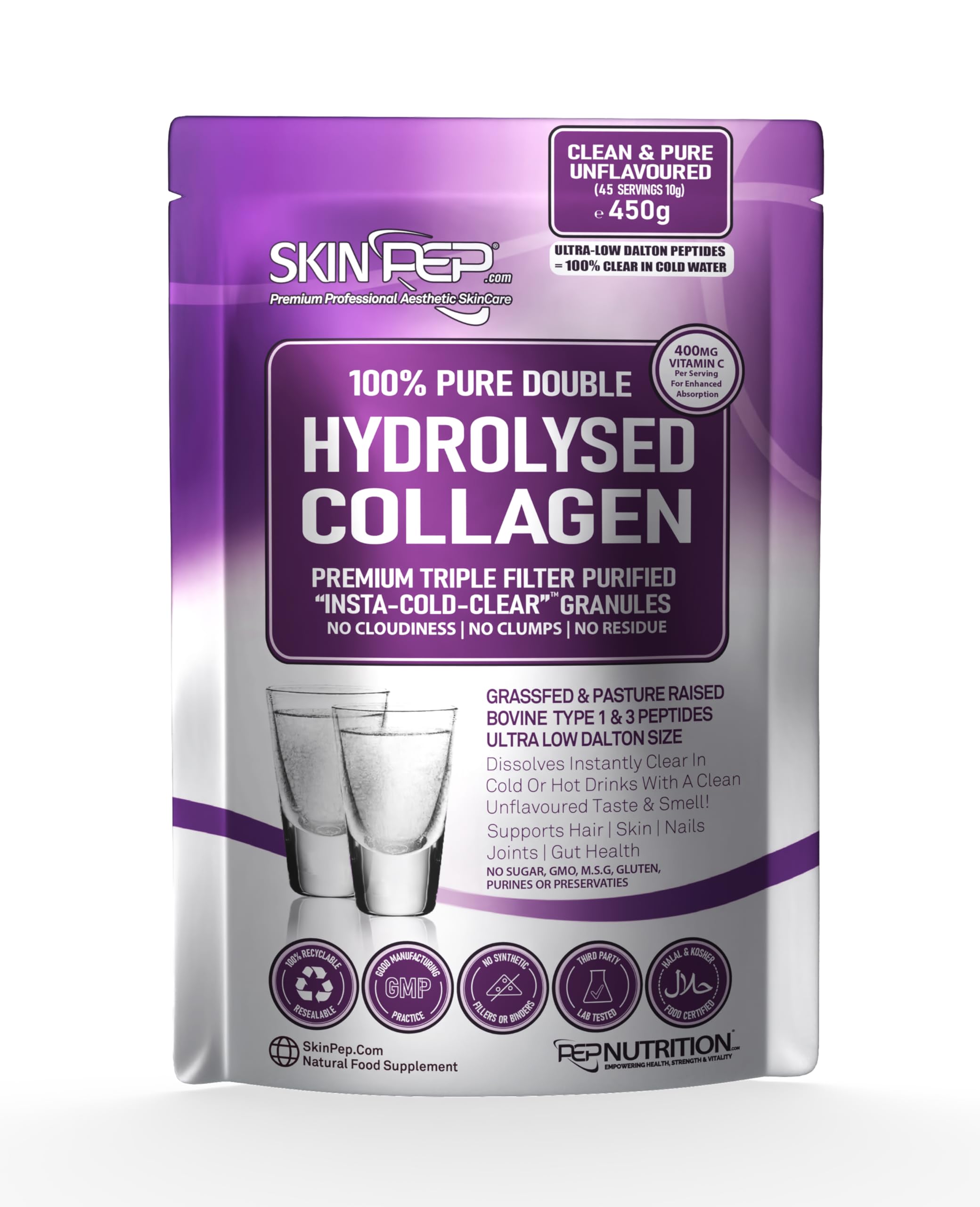 Collagen Powder 450g (+ 400mg VIT C Per 10g) Ultra Premium Double Hydrolysed Bovine Collagen Peptides by SkinPep - Halal Certified - 8 Essential Amino Acids, Collagen Supplements, Made in UK