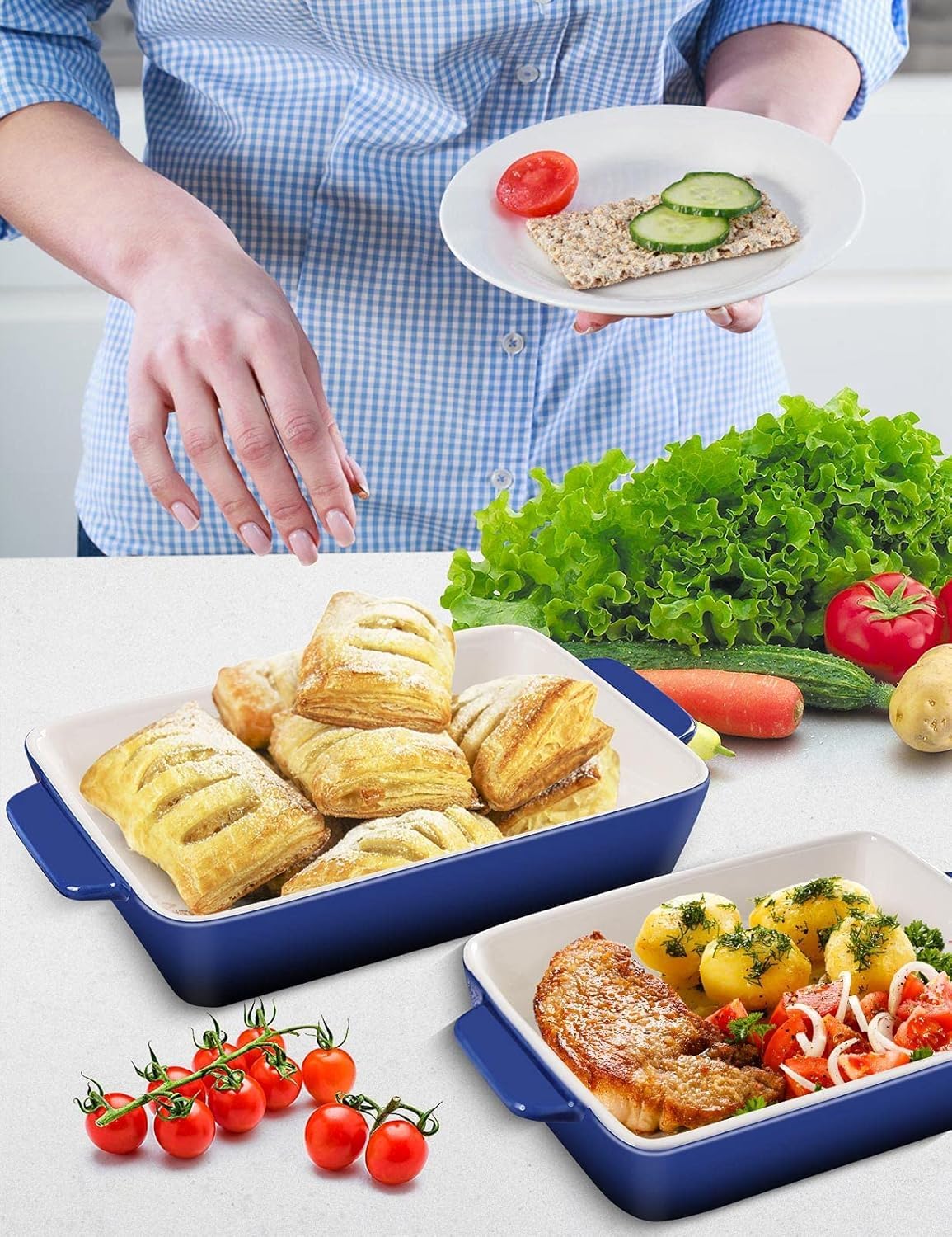 3Piece Casserole Dish Ceramic Baking Dish Rectangular Baking Dishes for Oven Ceramic Bakeware with Handles Durable Nonstick Large Lasagna Pan for Cooking, Baking, 10'' x 7'', Gradient DarkBlue