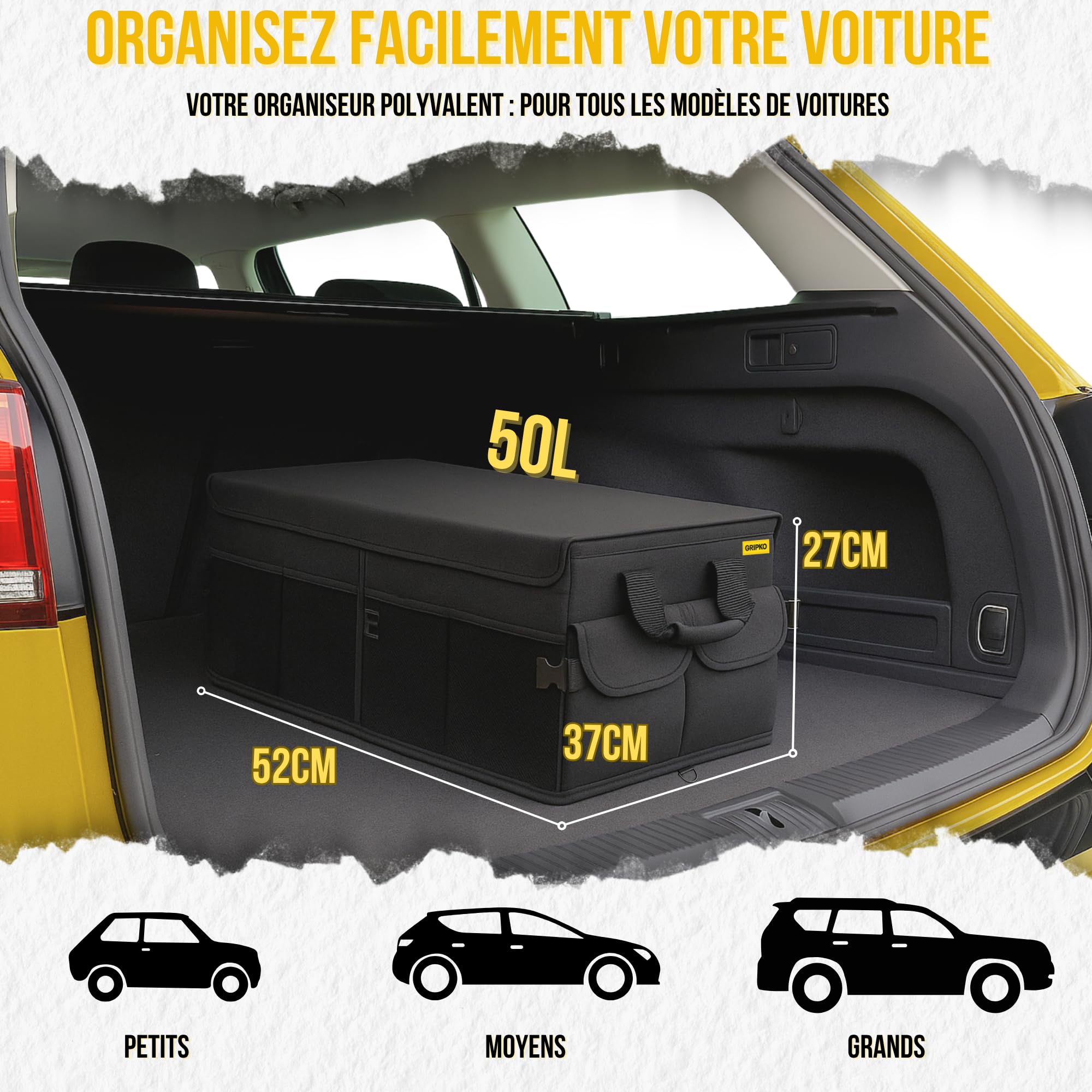Rangement coffre de voiture 50L Organisateur coffre voiture pliable, base antidérapante et parois renforcées - Accessoires auto utiles pour voyages, camping et usage quotidien