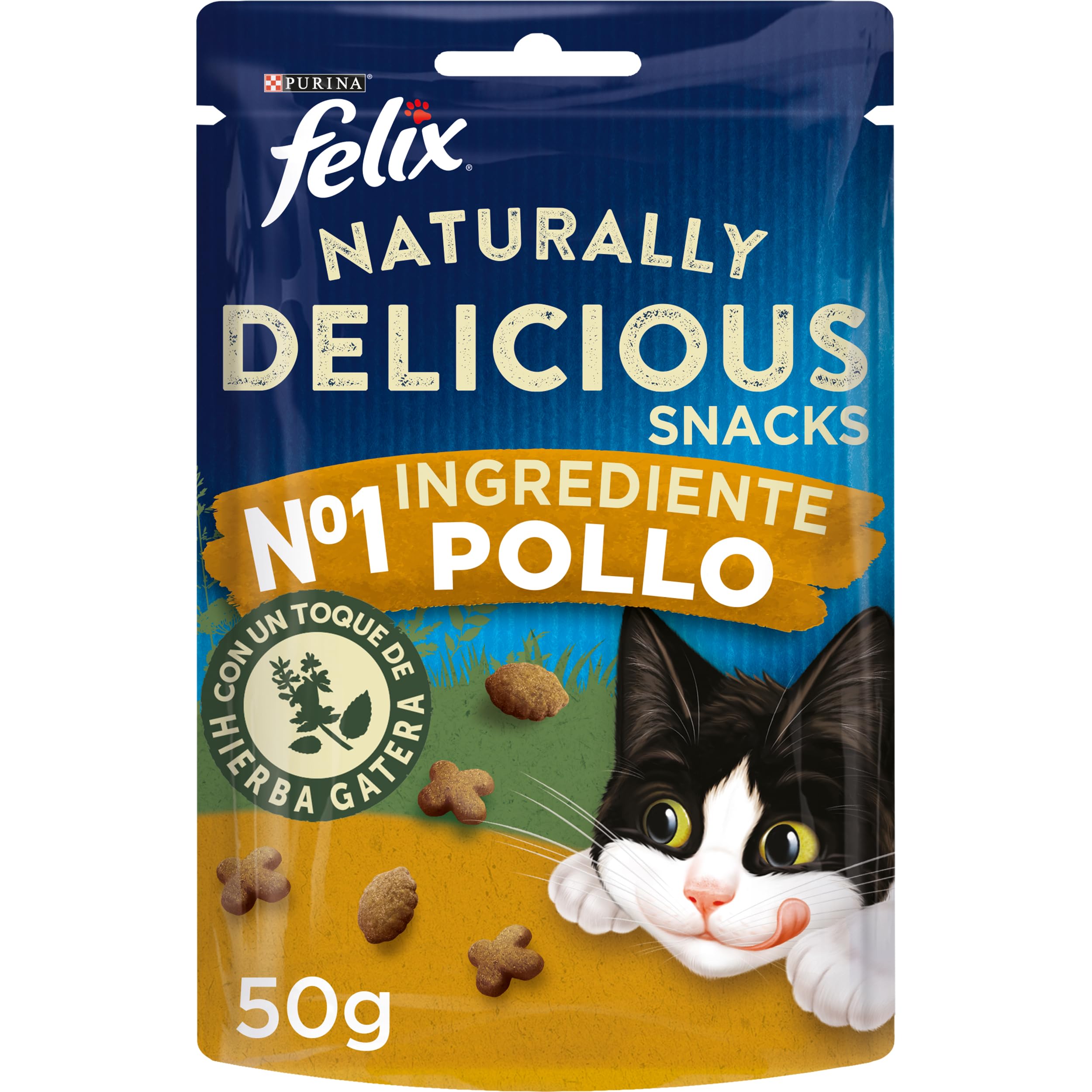 Felix Purina Naturally Delicious, Snacks, premio para Gato con Pollo, 8 bolsas de 50g