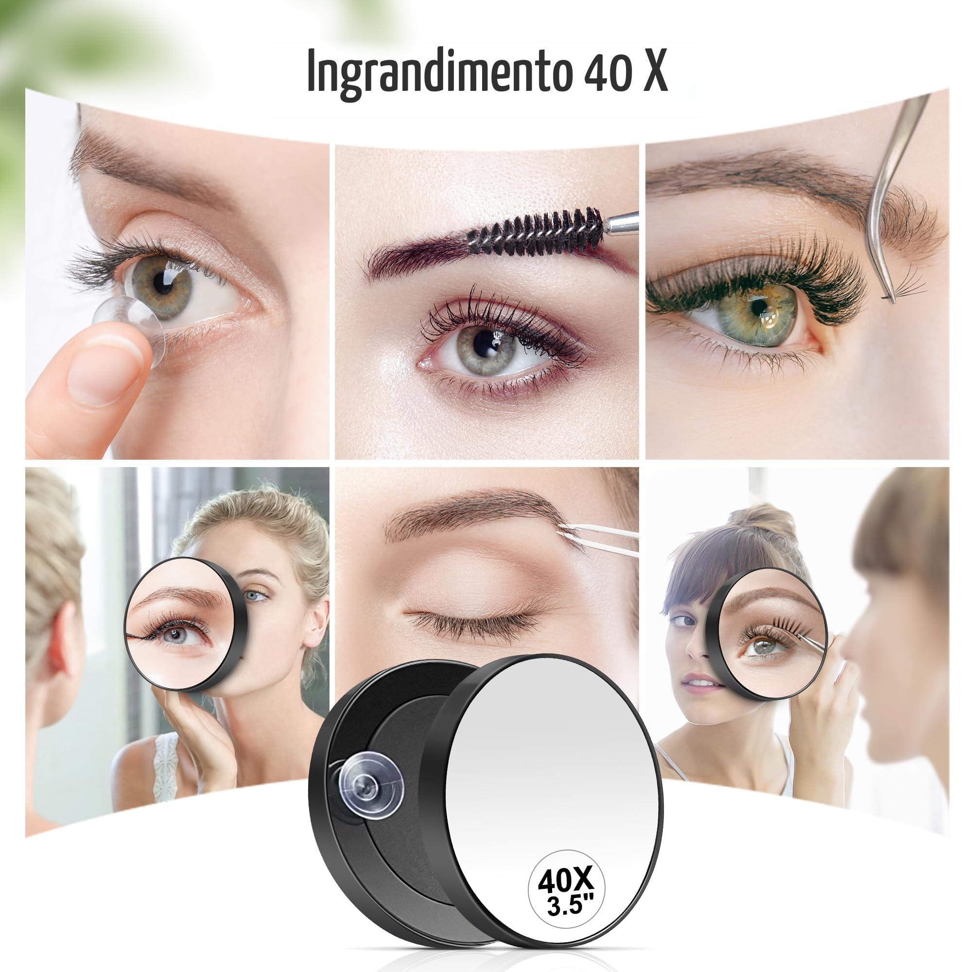 MIYADIVA Specchio ingrandimento 40x, rotondo compatto 8,9 cm, ventosa, pinzette in acciaio inox, perfetto trucco, sopracciglia, barba, viaggio