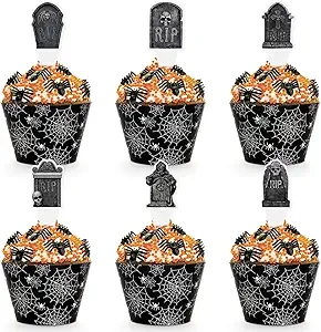 Hooqict 48 Pack Halloween Cupcake Toppers and Liners Black Spider Web Tombstone Skeleton Cupcake Picks Decorations for Halloween Birthday Party Decoration Supplies